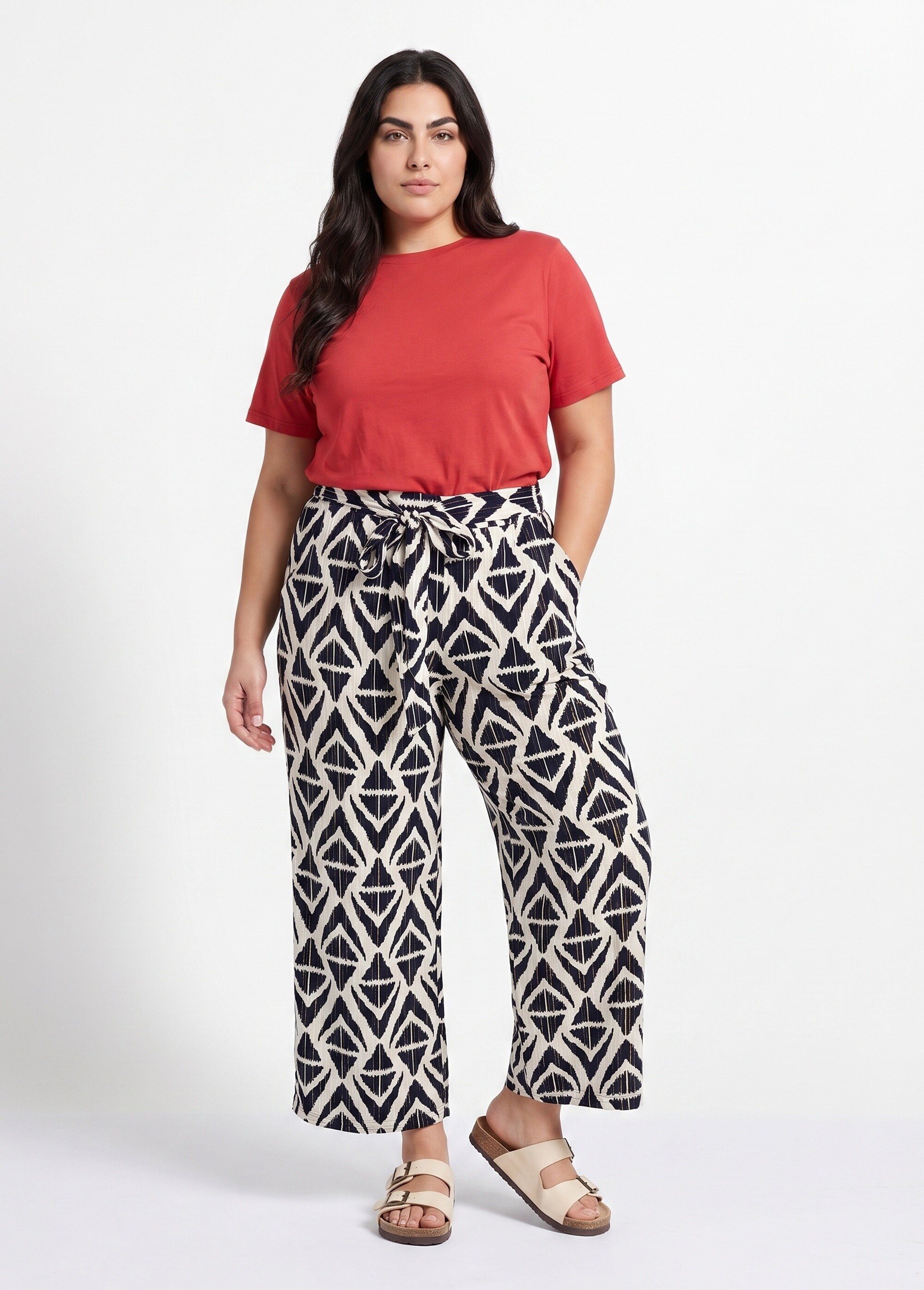 Pantalon large imprimé ethnique losanges Femme Grande Taille Bleu IKB-81505 SI1