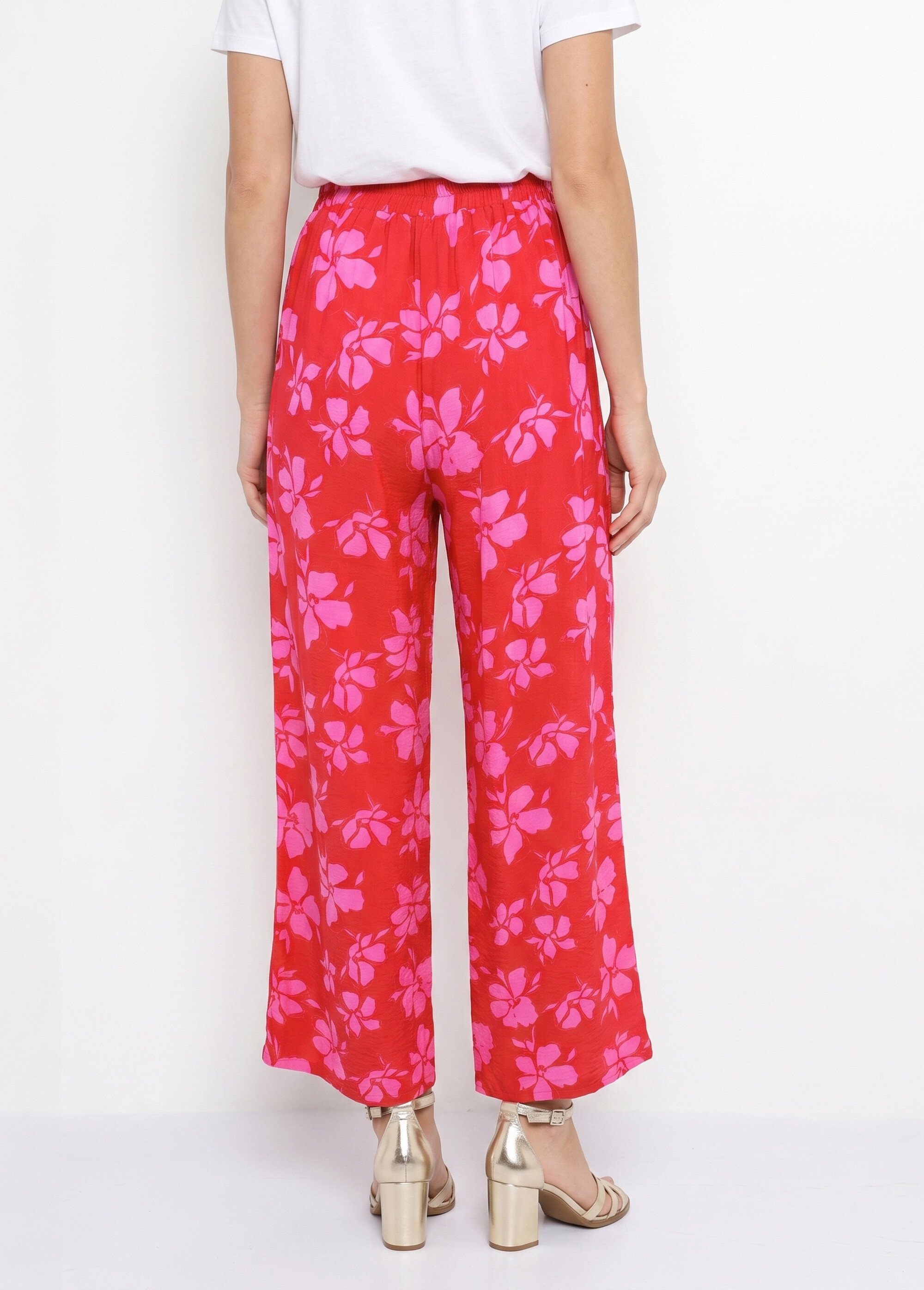 Pantalon large imprimé fleuri contrasté Femme Rouge IKB-81668 DO1