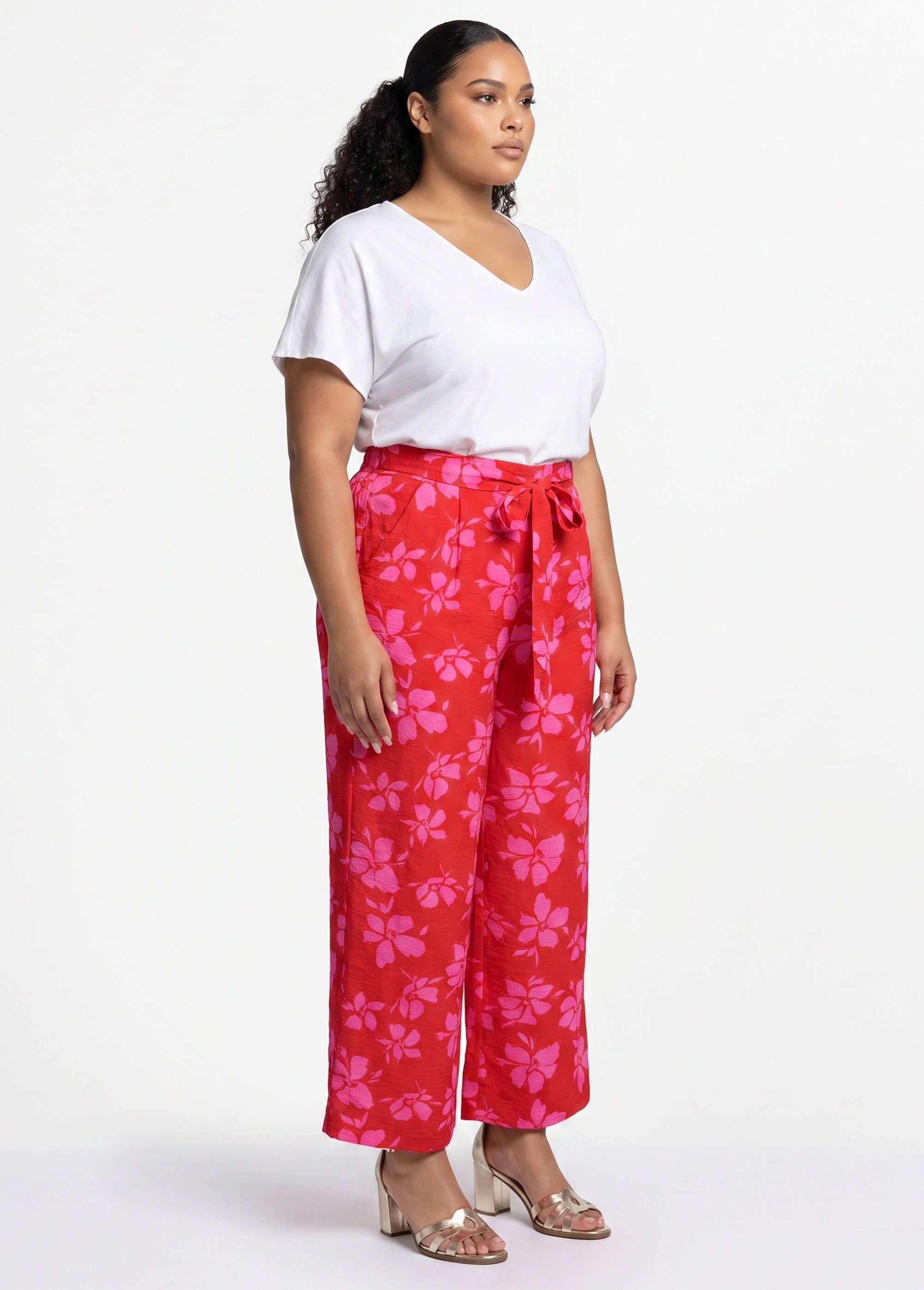 Pantalon large imprimé fleuri contrasté Femme Grande Taille Rouge IKB-81668 DR1