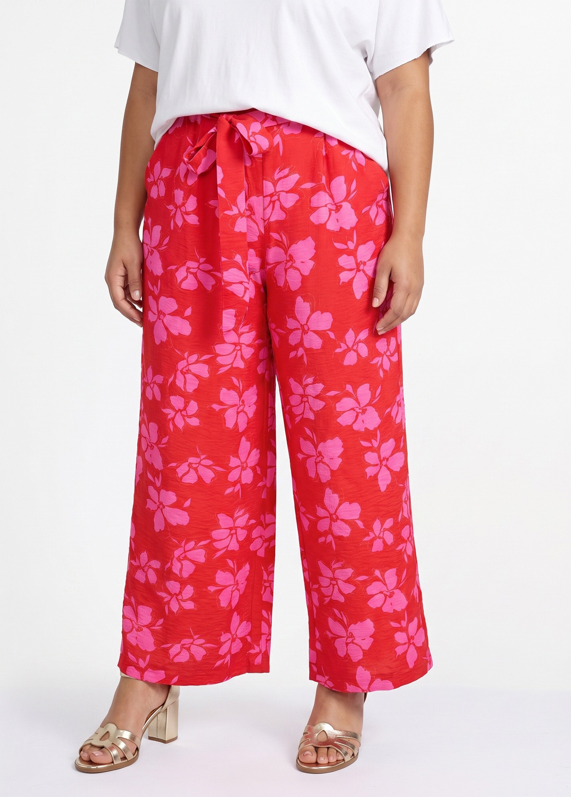 Pantalon large imprimé fleuri contrasté Femme Grande Taille Rouge IKB-81668 FA1