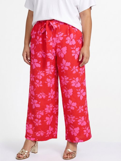Pantalon large imprimé fleuri contrasté Femme Grande Taille Rouge IKB-81668 FA1