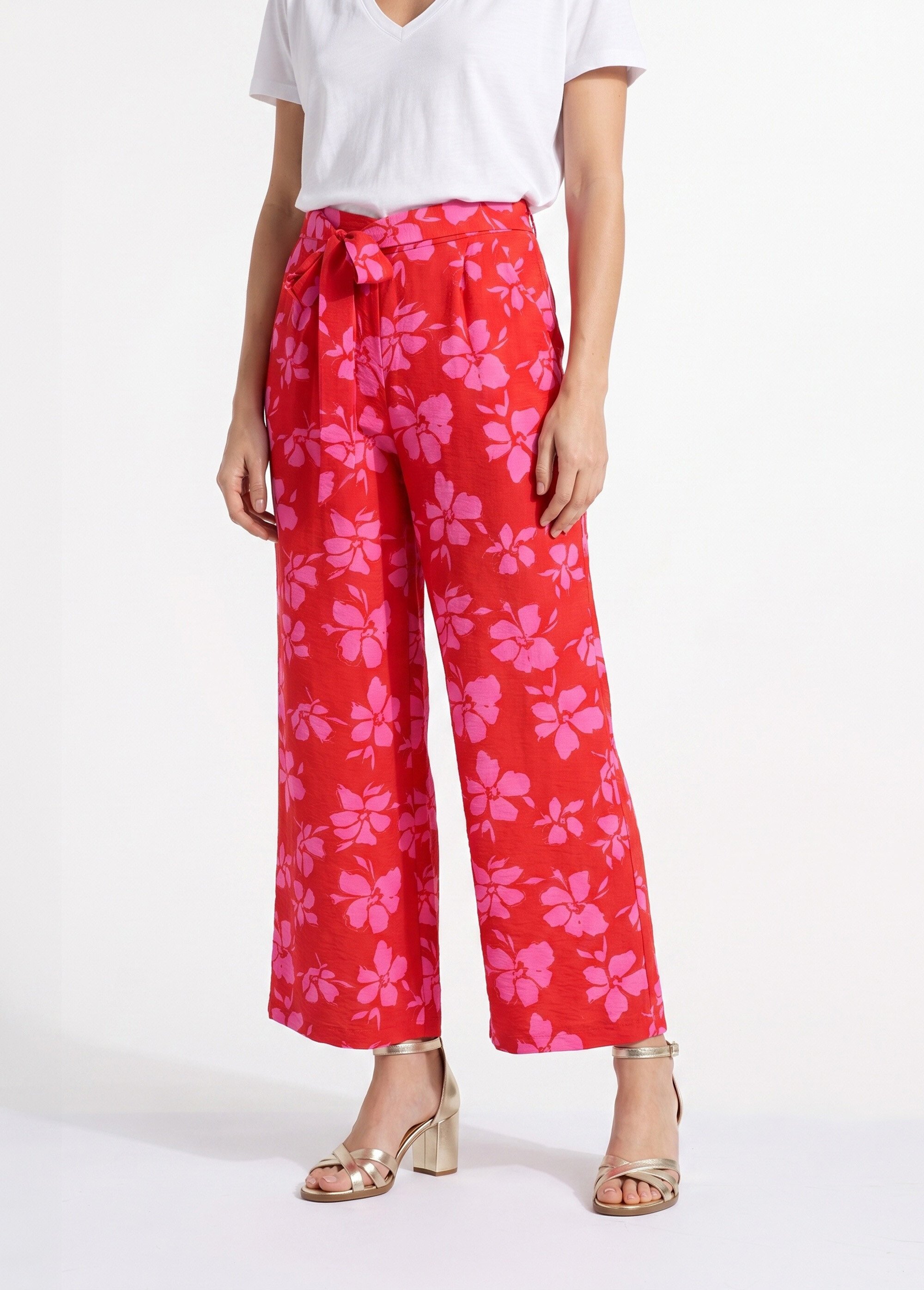 Pantalon large imprimé fleuri contrasté Femme Rouge IKB-81668 FA1