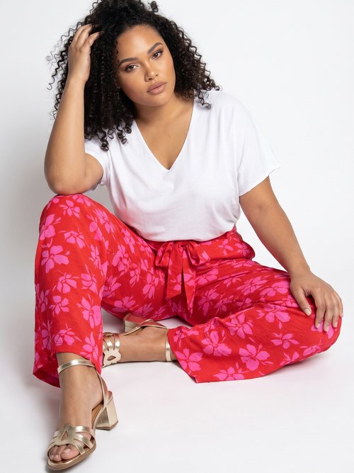 Pantalon large imprimé fleuri contrasté Femme Grande Taille Rouge IKB-81668 MV1