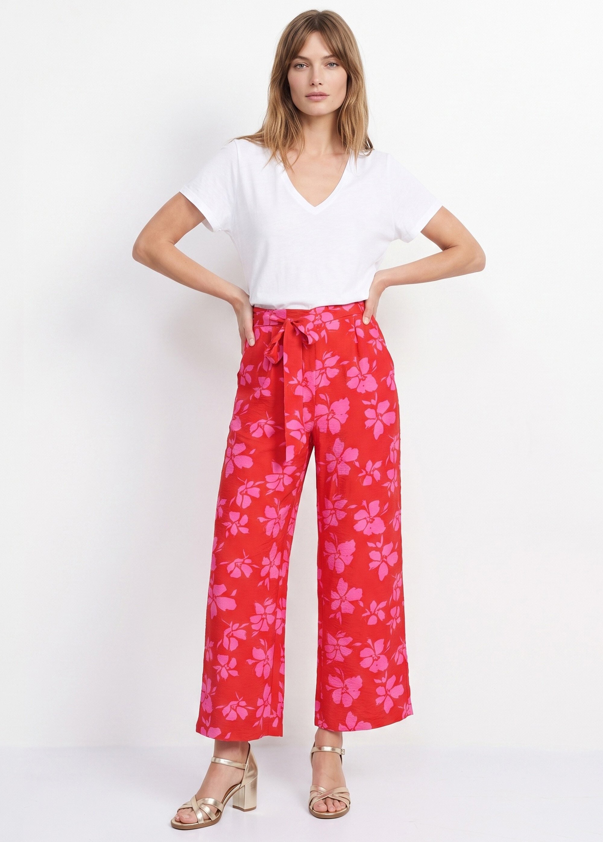 Pantalon large imprimé fleuri contrasté Femme Rouge IKB-81668 SF1