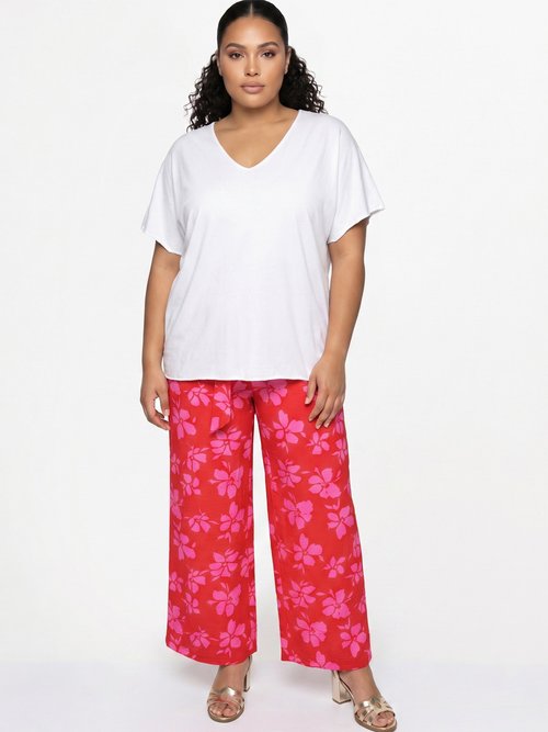 Pantalon large imprimé fleuri contrasté Femme Grande Taille Rouge IKB-81668 SI1