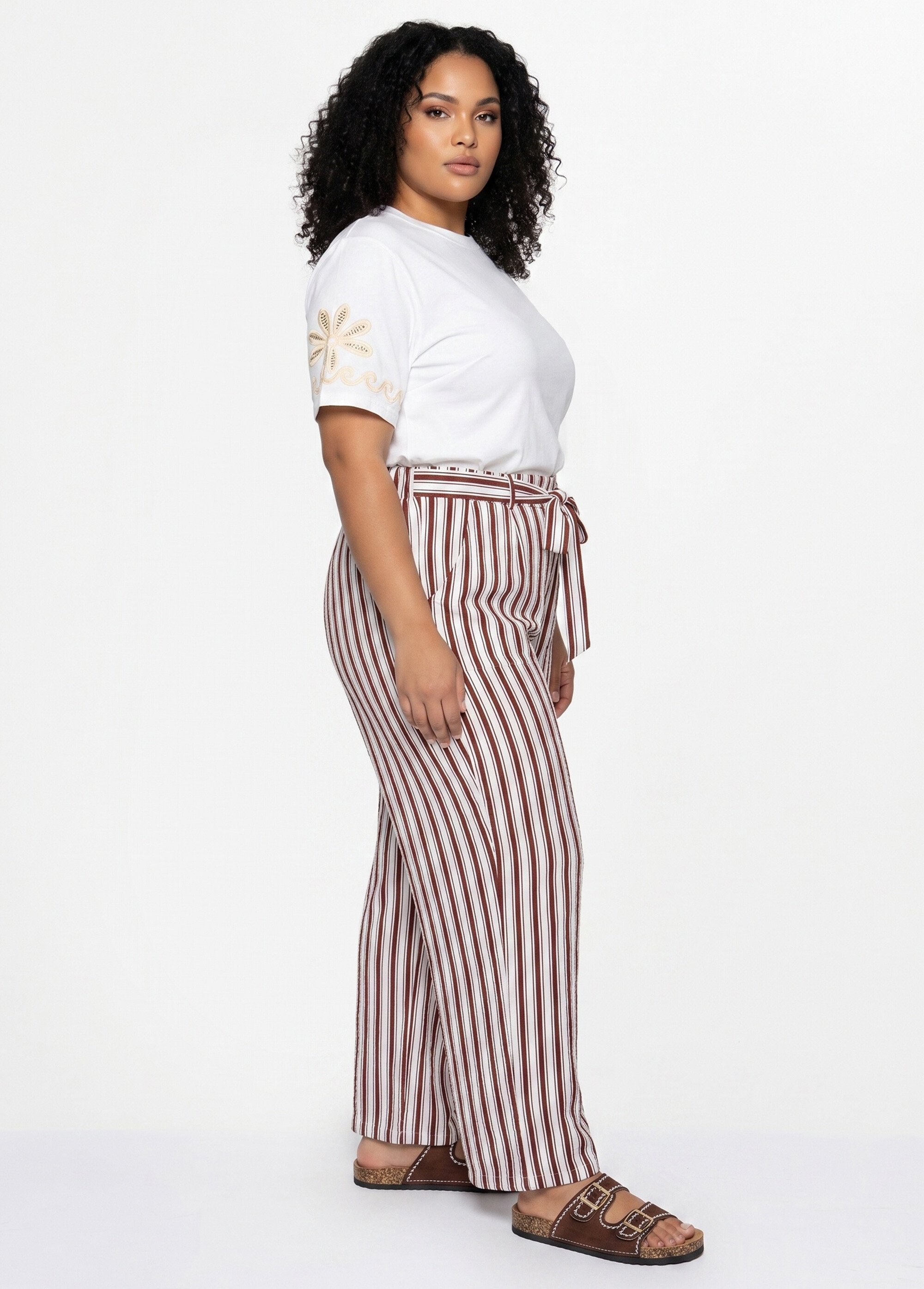 Pantalon rayé ceinturé, fils métallisés Femme Grande Taille Marron IKB-81645 DR1
