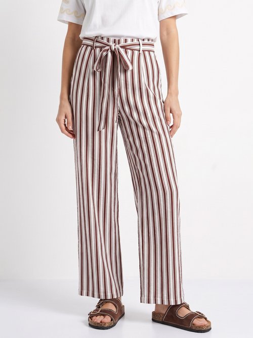 Pantalon rayé ceinturé, fils métallisés Femme Marron IKB-81645 FA1