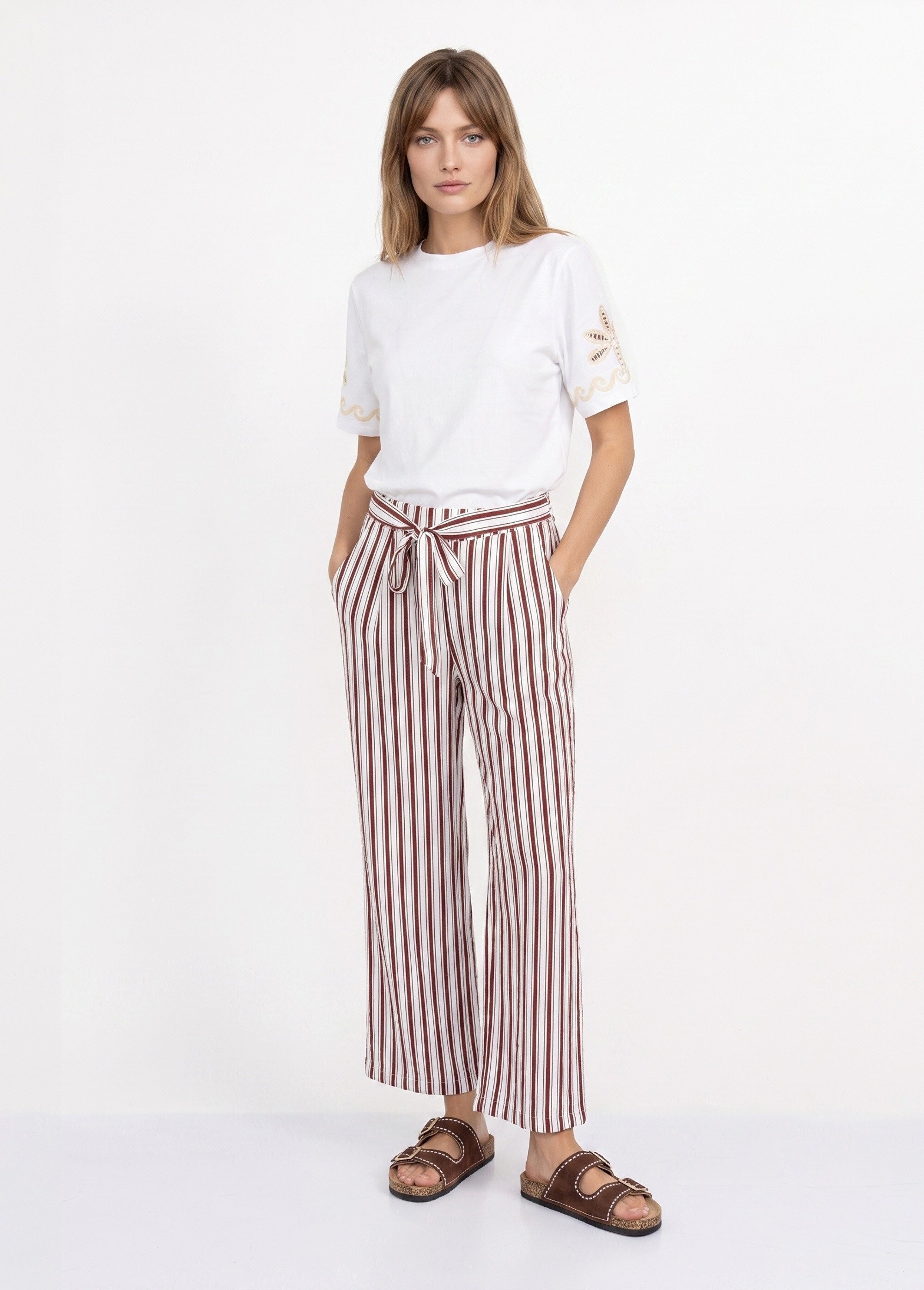 Pantalon rayé ceinturé, fils métallisés Femme Marron IKB-81645 SF1