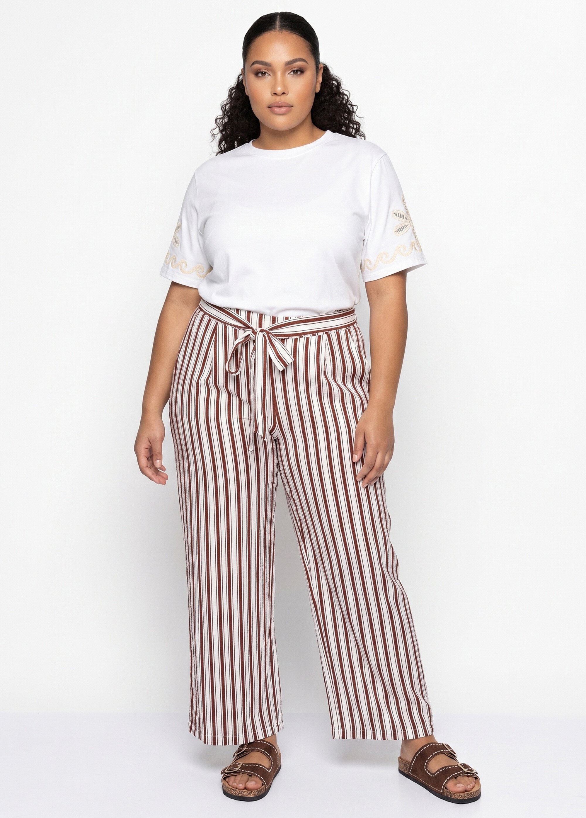 Pantalon rayé ceinturé, fils métallisés Femme Grande Taille Marron IKB-81645 SI1