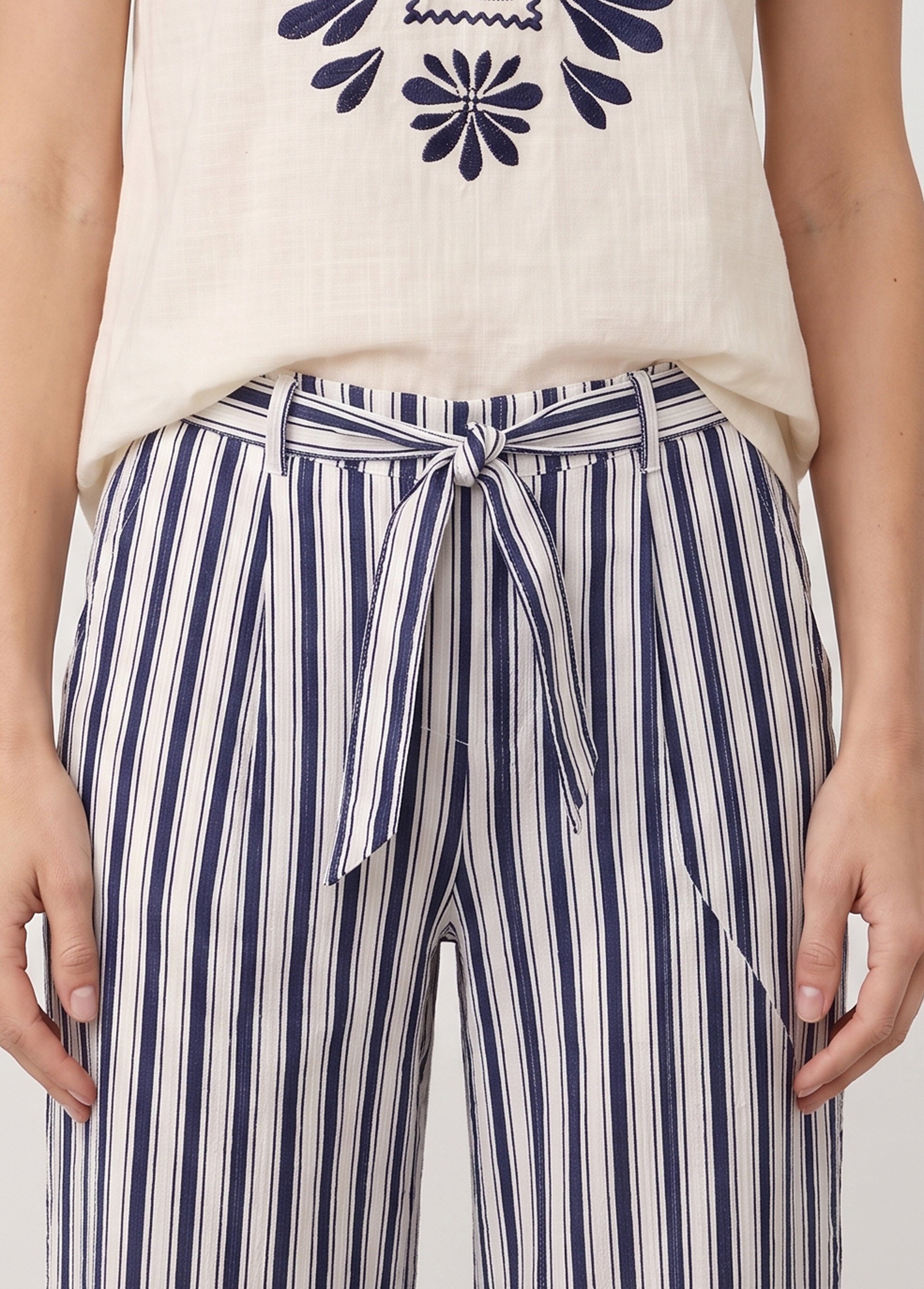 Pantalon rayé ceinturé, fils métallisés Femme Bleu IKB-81645 DE1