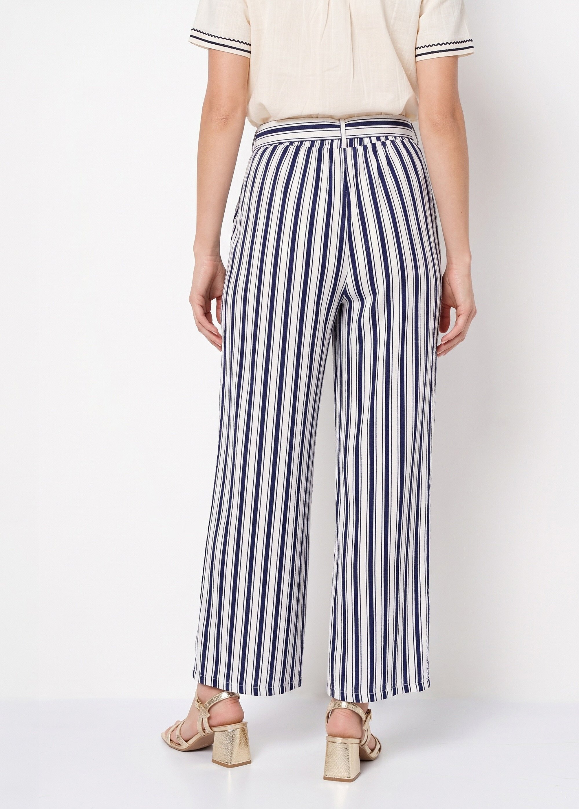 Pantalon rayé ceinturé, fils métallisés Femme Bleu IKB-81645 DO1