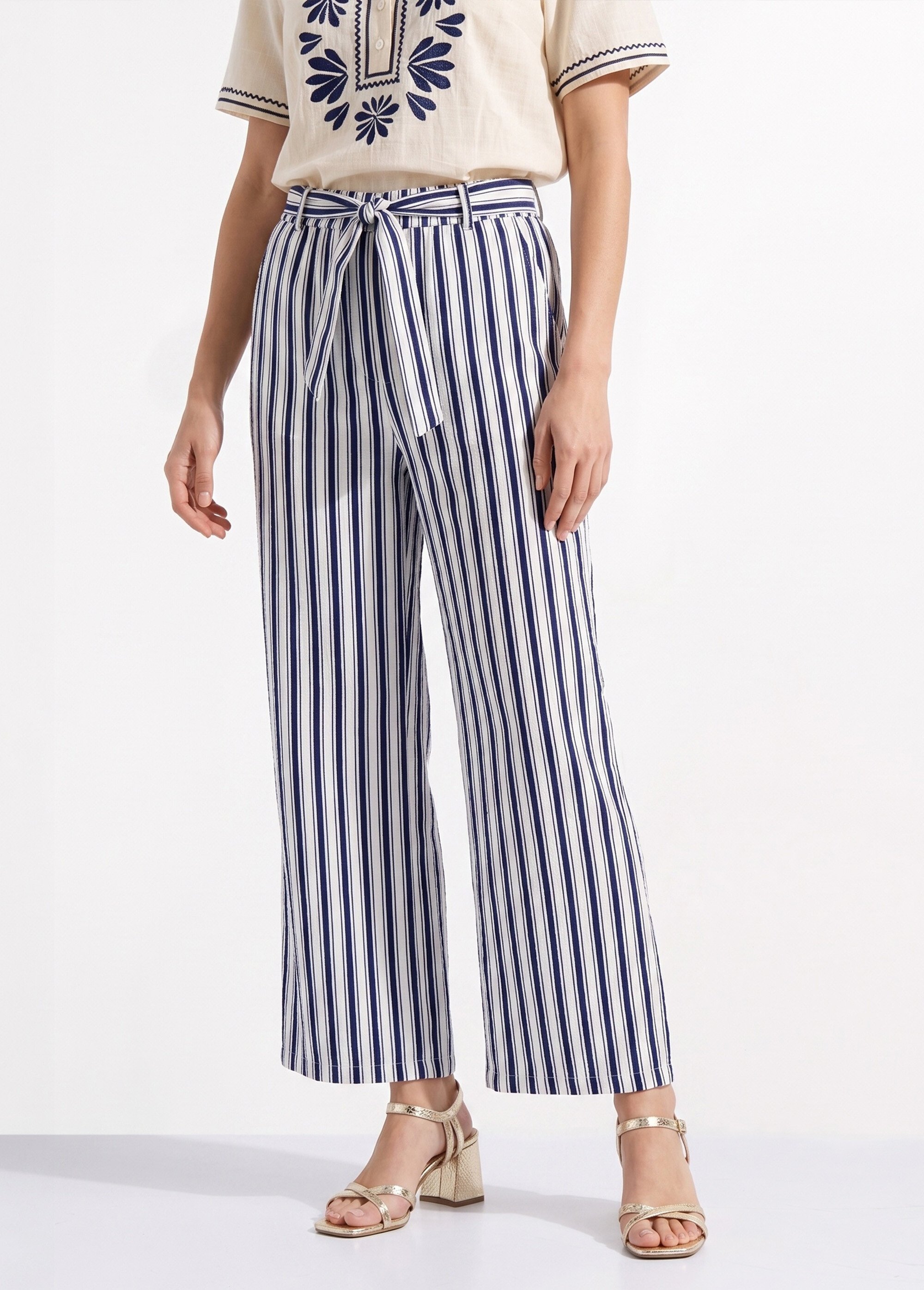 Pantalon rayé ceinturé, fils métallisés Femme Bleu IKB-81645 FA1