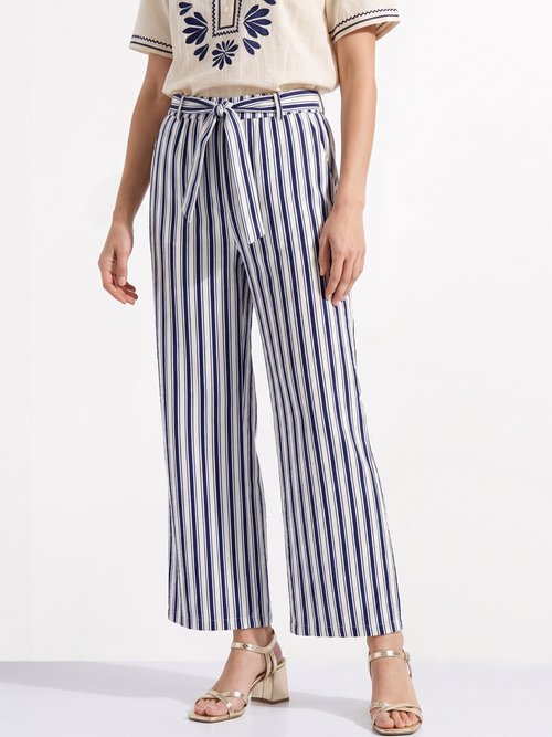 Pantalon rayé ceinturé, fils métallisés Femme Bleu IKB-81645 FA1