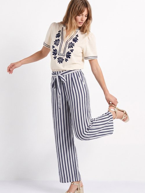 Pantalon rayé ceinturé, fils métallisés Femme Bleu IKB-81645 MV1