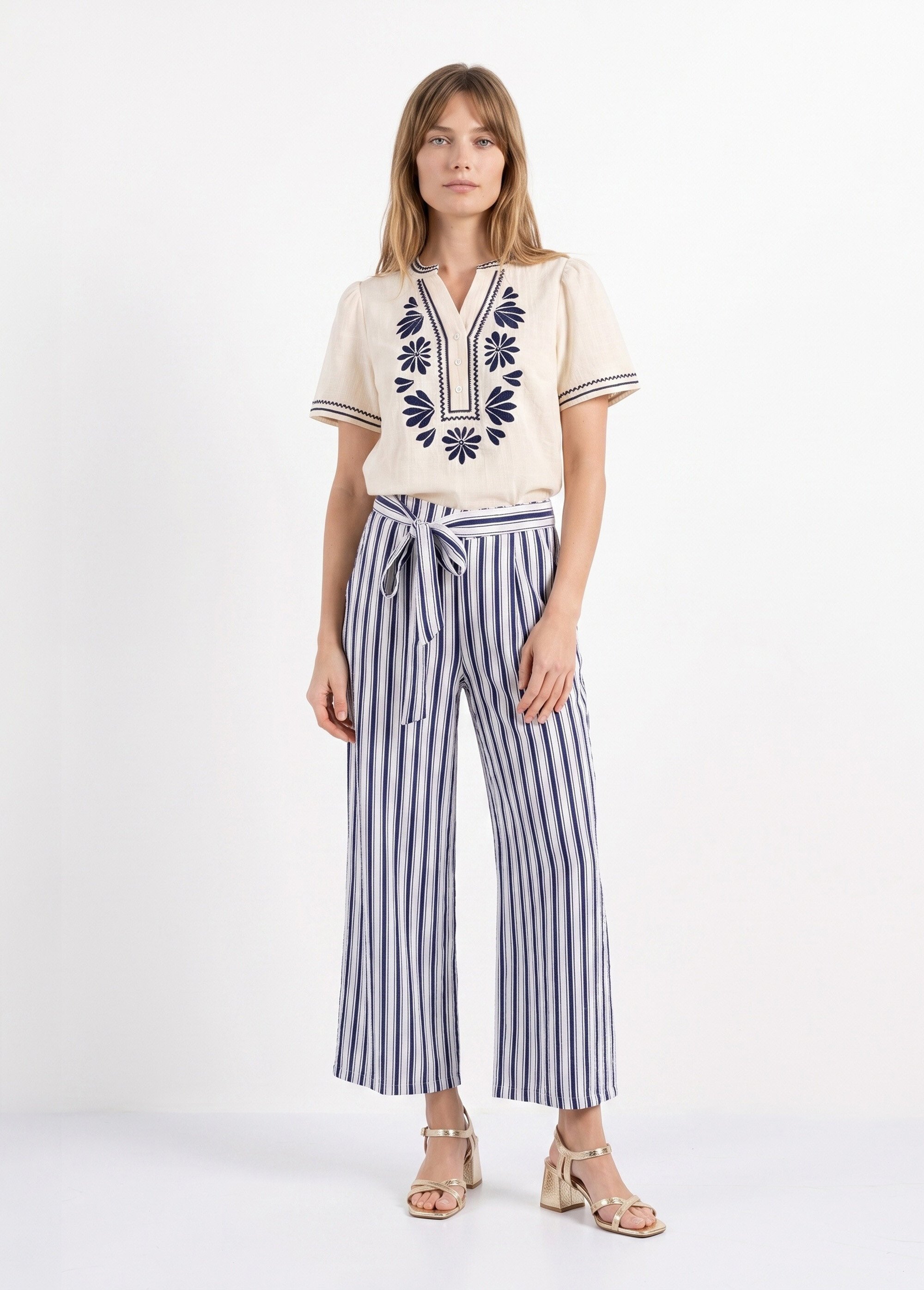 Pantalon rayé ceinturé, fils métallisés Femme Bleu IKB-81645 SF1