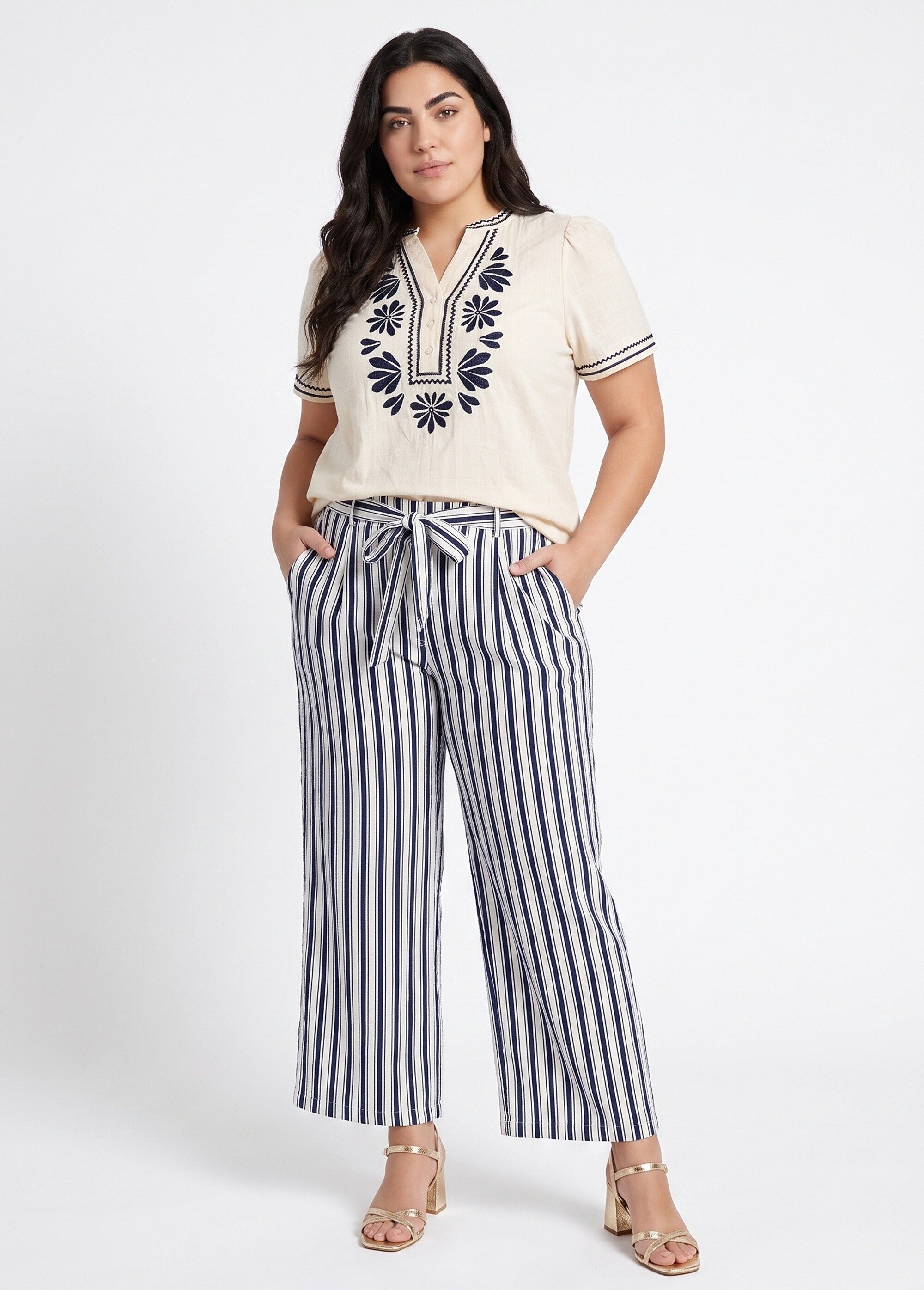 Pantalon rayé ceinturé, fils métallisés Femme Grande Taille Bleu IKB-81645 SI1
