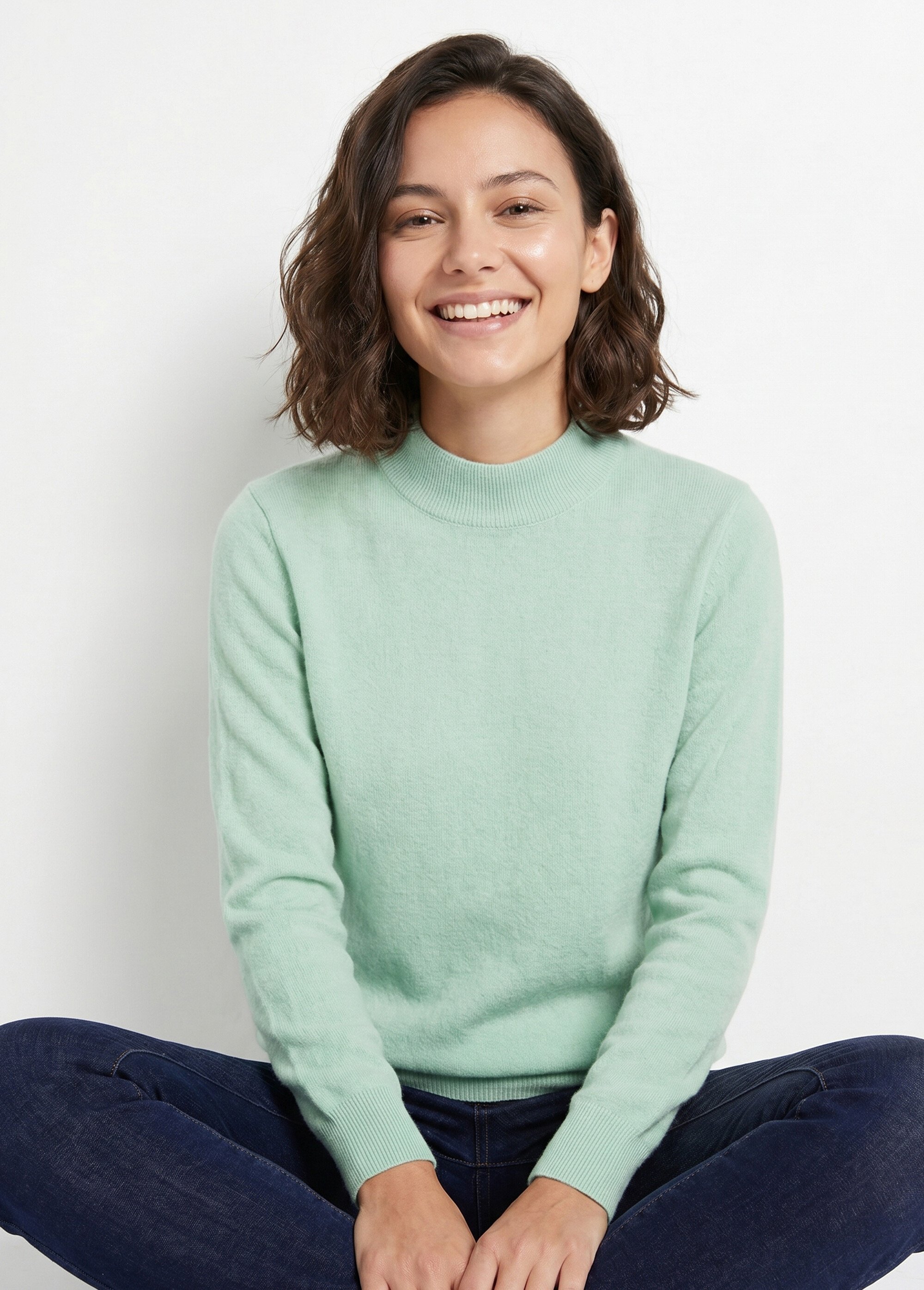 Pull chaud col montant avec laine et angora Femme Vert MECENE MV1