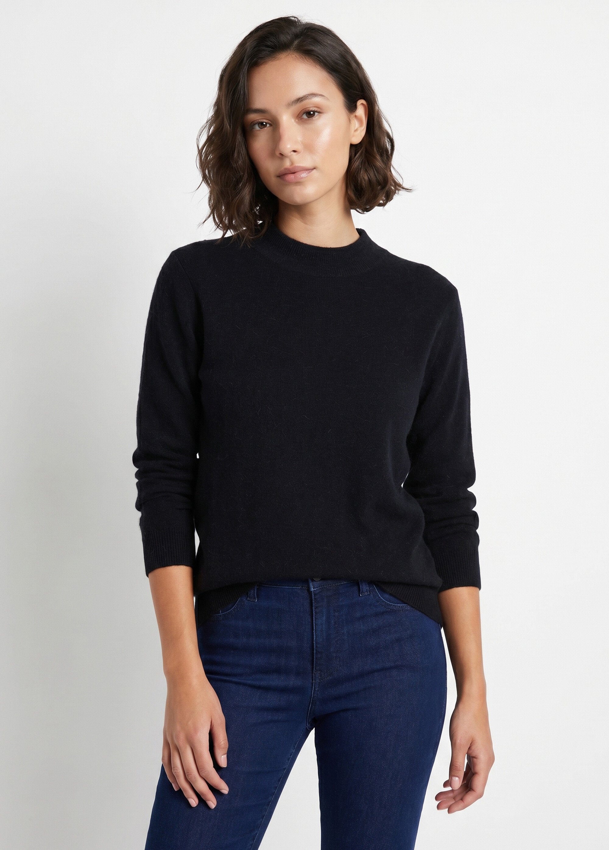 Pull chaud col montant avec laine et angora Femme Noir MECENE FA1
