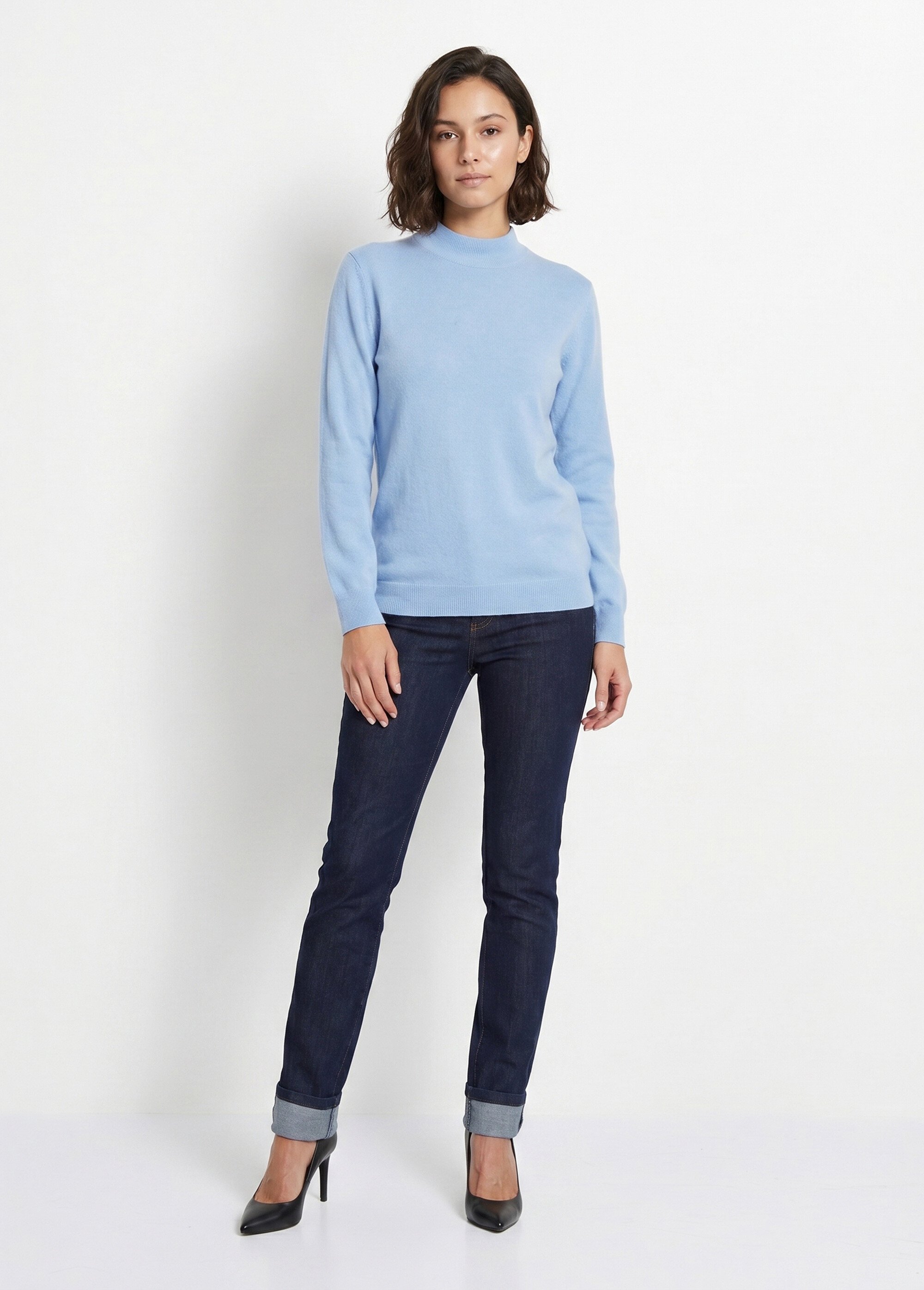 Pull chaud col montant avec laine et angora Femme Bleu MECENE SI1
