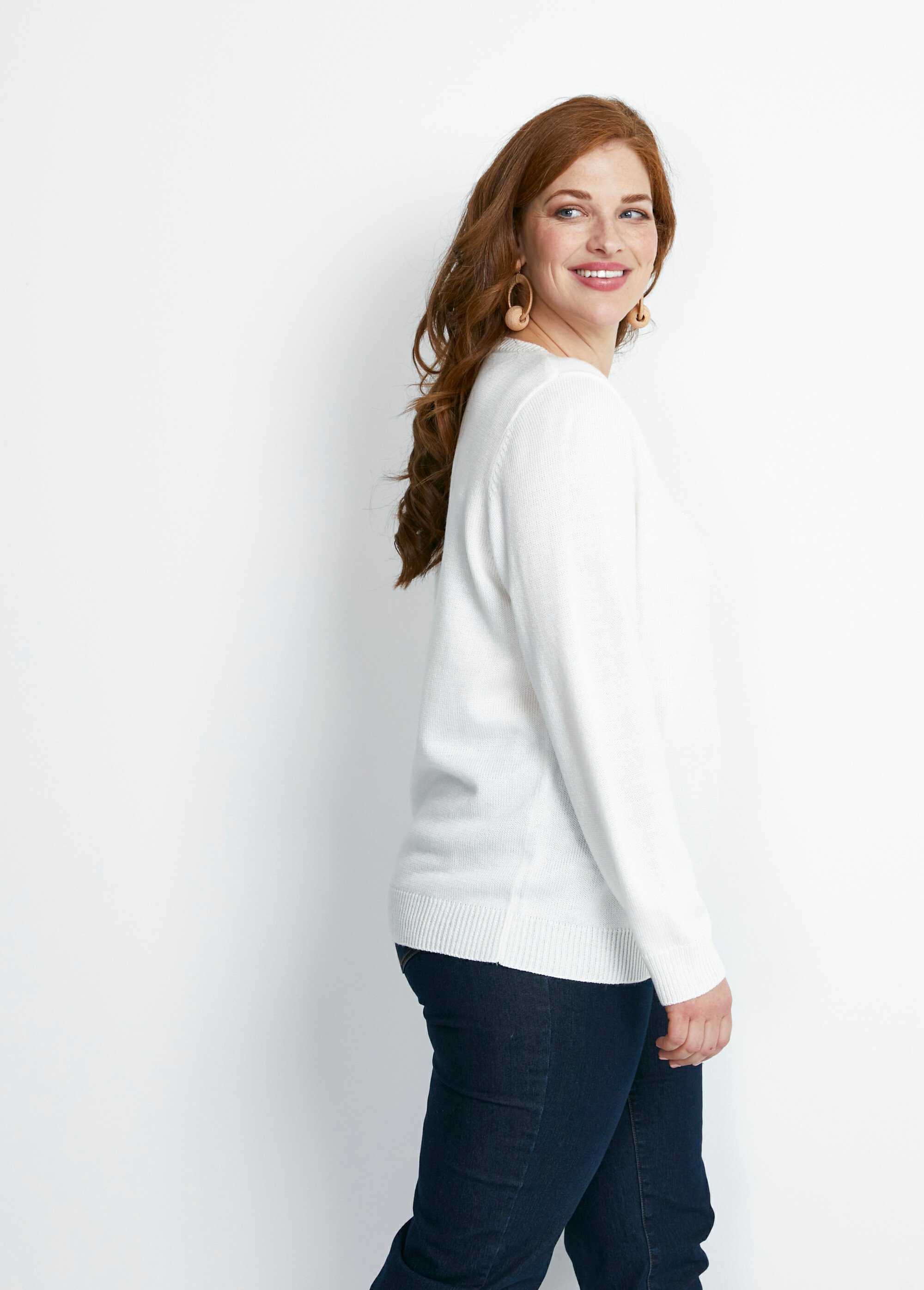 Pull col rond fantaisie ajourée et perlée Femme Grande Taille Beige MARCELINO DR1