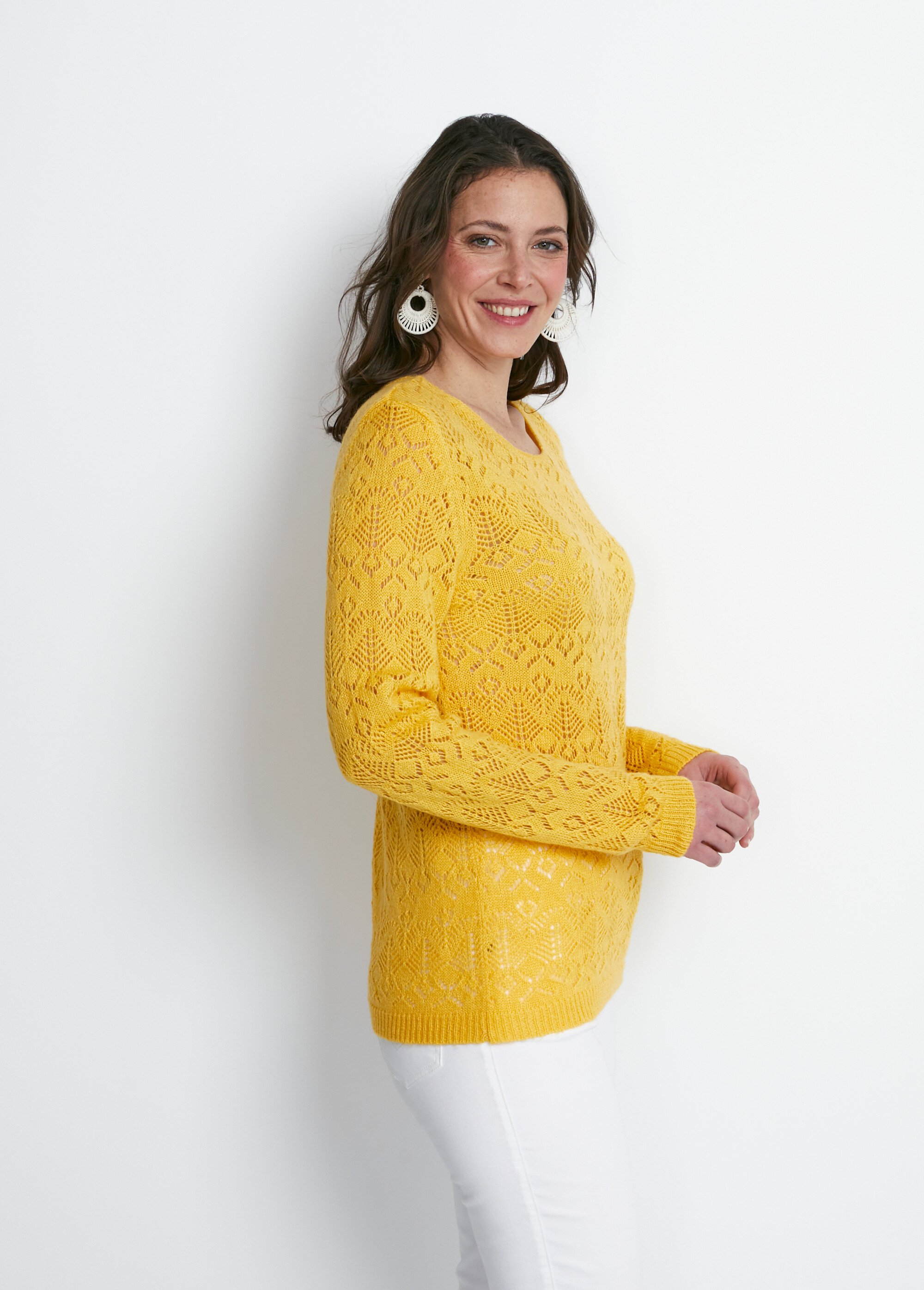 Pull maille ajourée manches longues Femme Jaune MARACA DR1