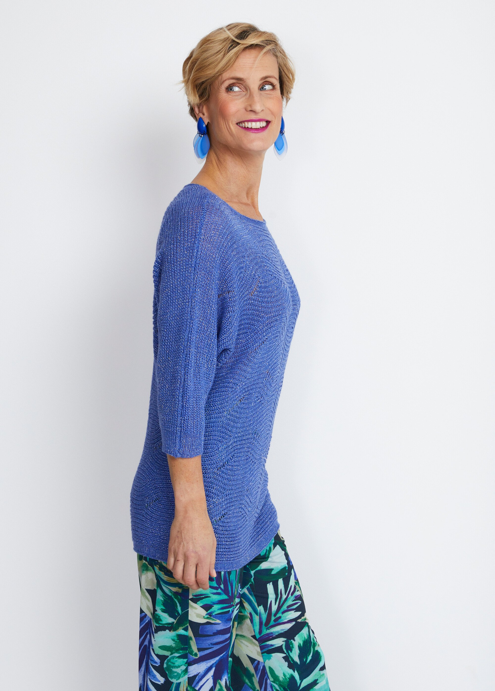 Pull maille reliefée ajourée volume boîte Femme Bleu MOYA DR1