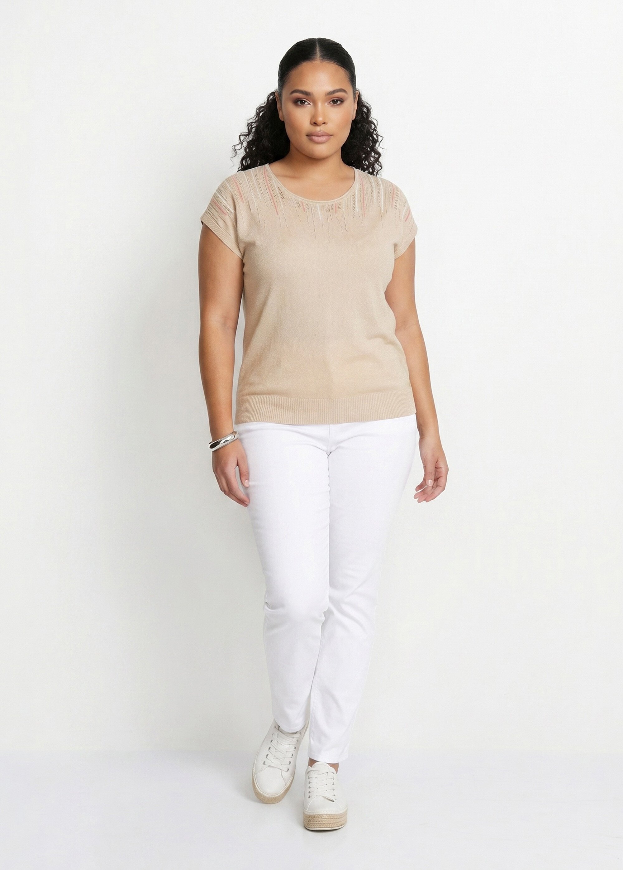 Pull maille scintillante manches kimono Femme Grande Taille Beige MARINA SI1