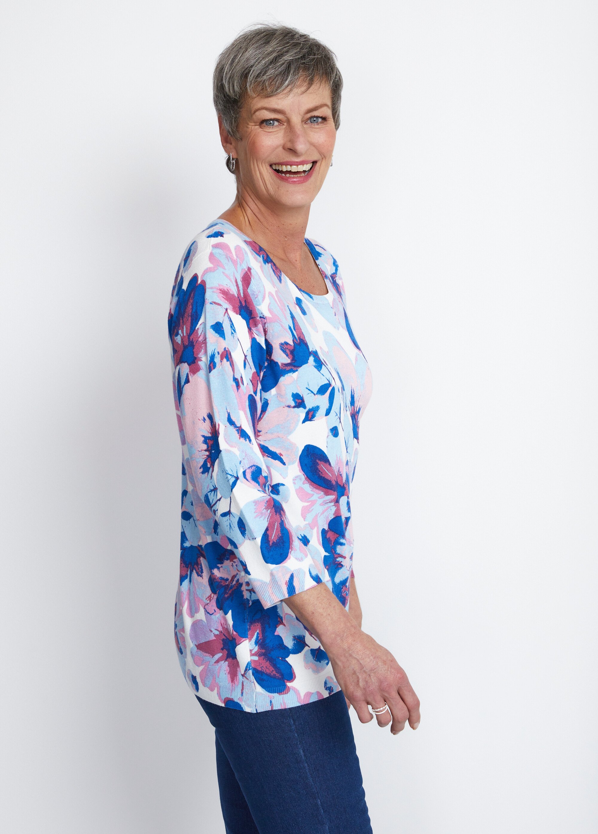 Pull manches 3/4 imprimé floral Femme Bleu MUSSETI DR1