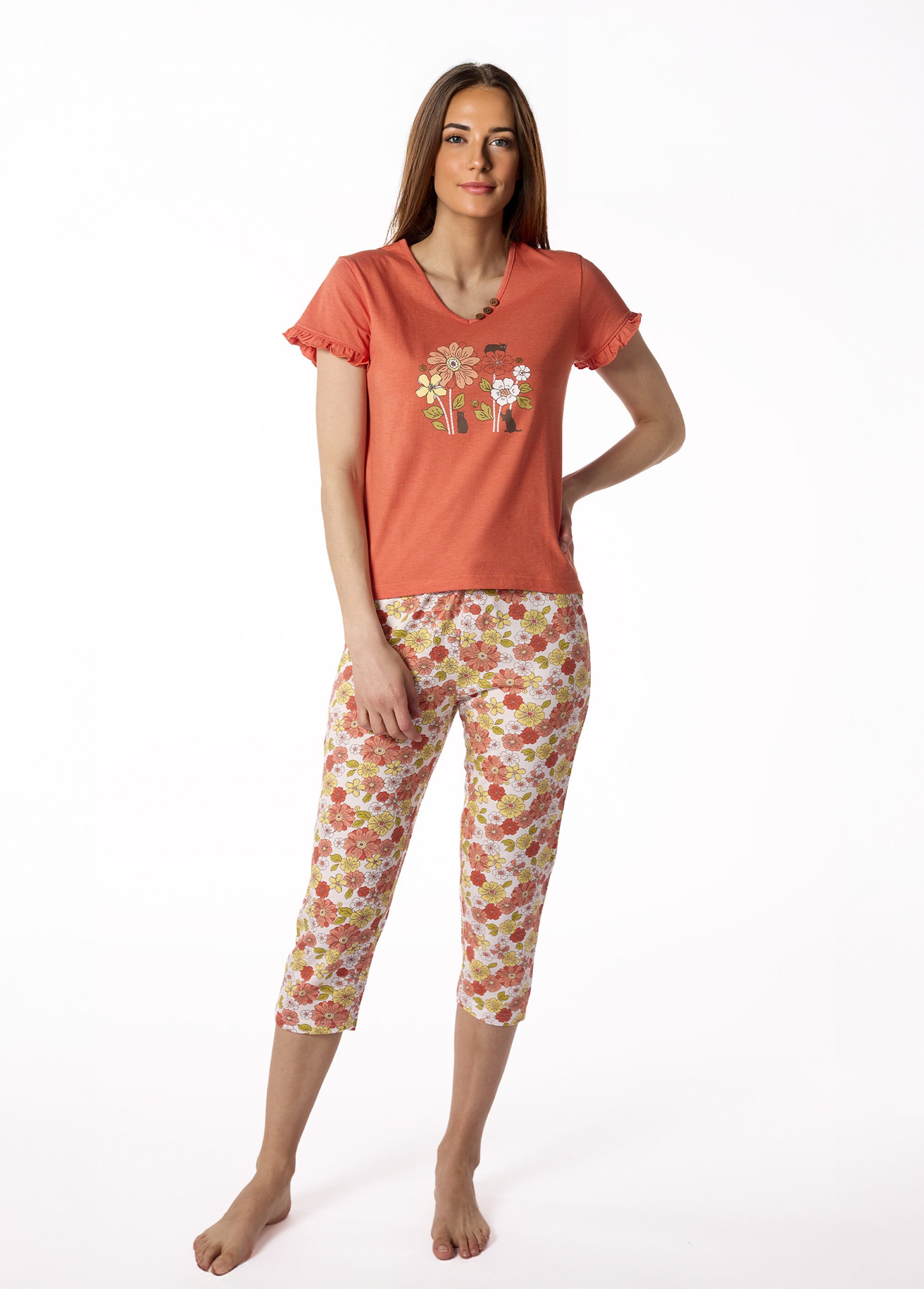 Pyjama manches courtes thème fleuri Femme Orange DF.PRAI.PCO FA1
