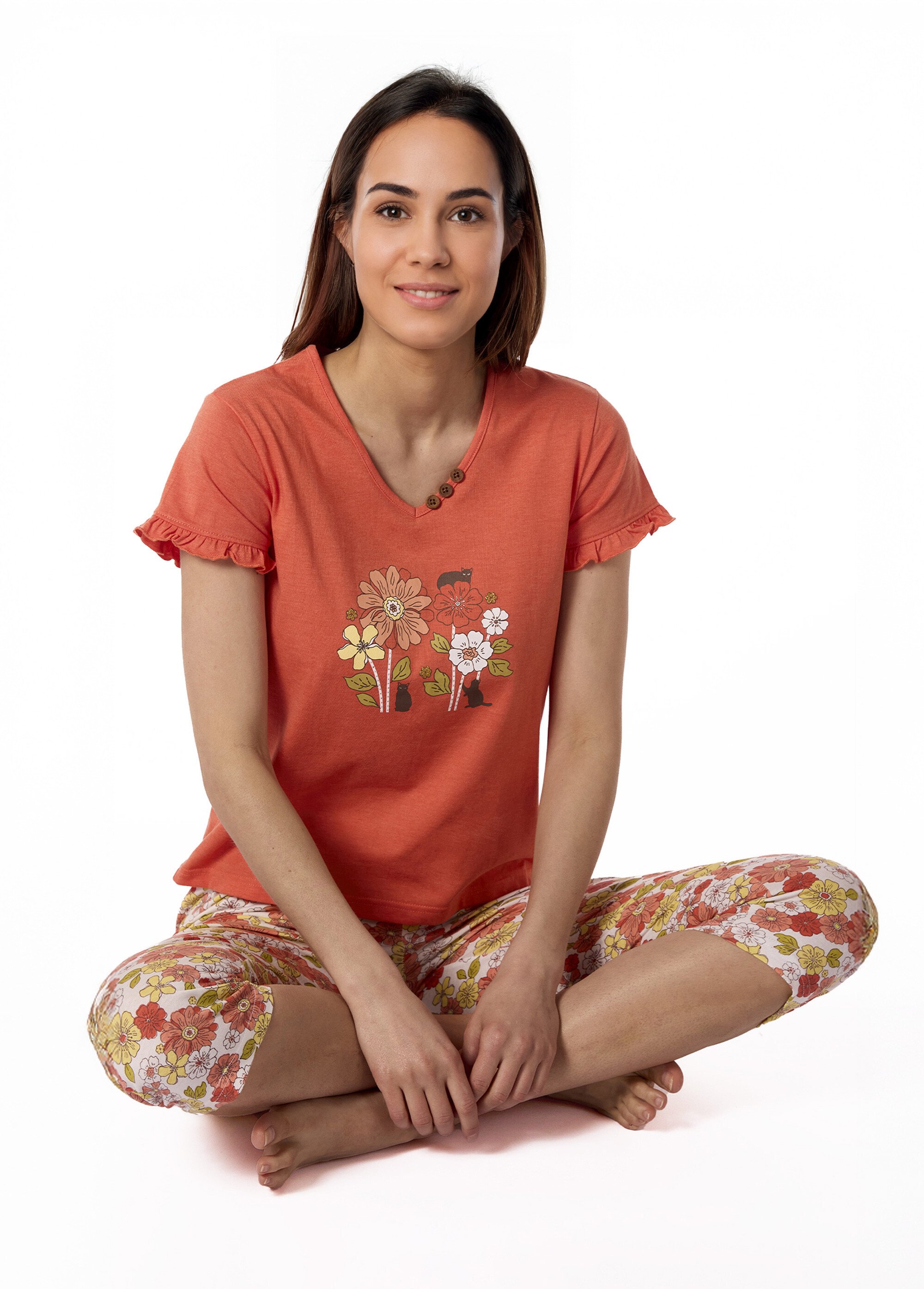 Pyjama manches courtes thème fleuri Femme Orange DF.PRAI.PCO SI1