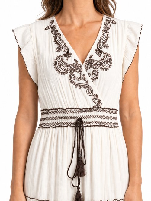 Robe à volants, sequins et pompons Femme Beige ATT-AT8717 DE1