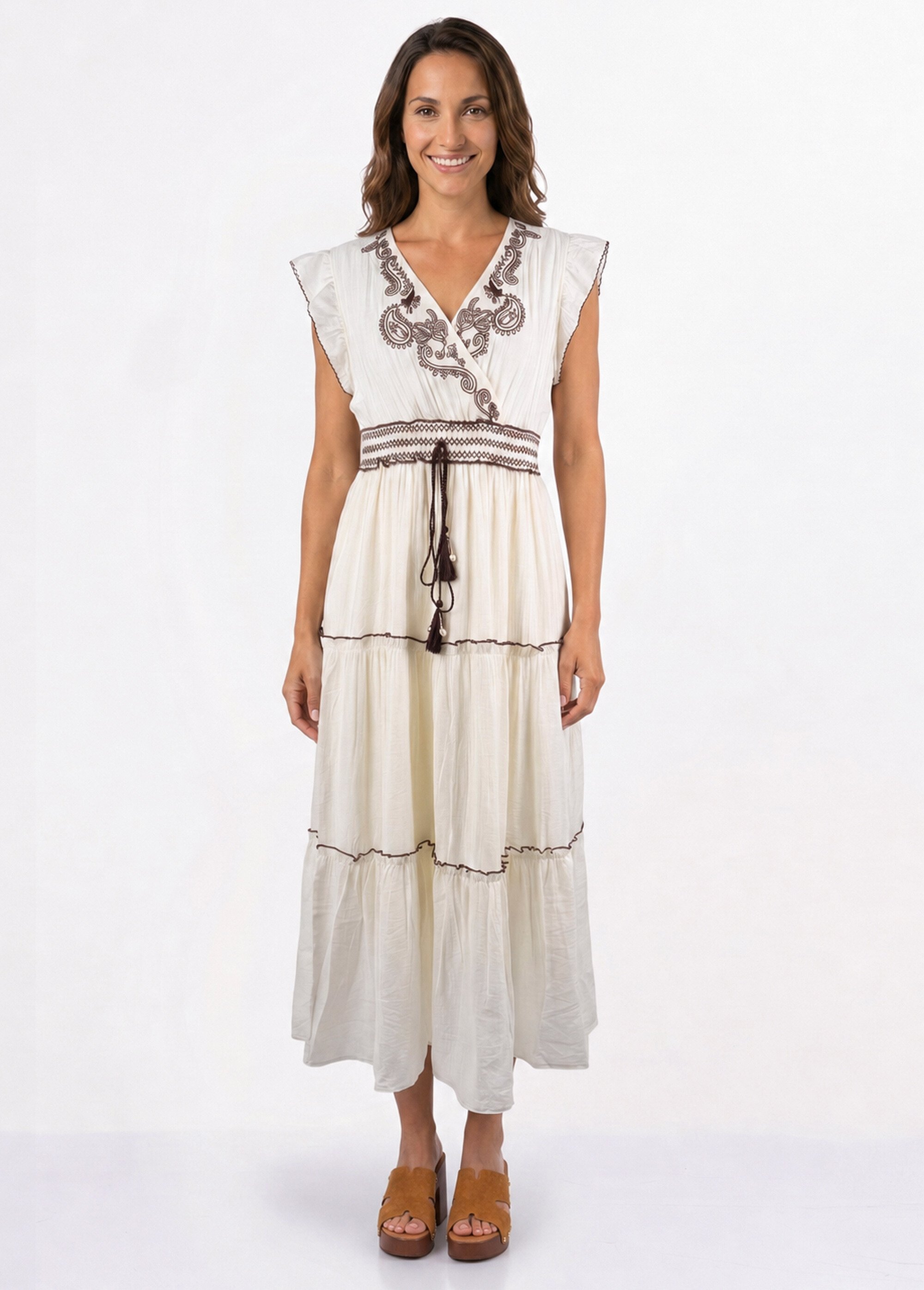 Robe à volants, sequins et pompons Femme Beige ATT-AT8717 FA1