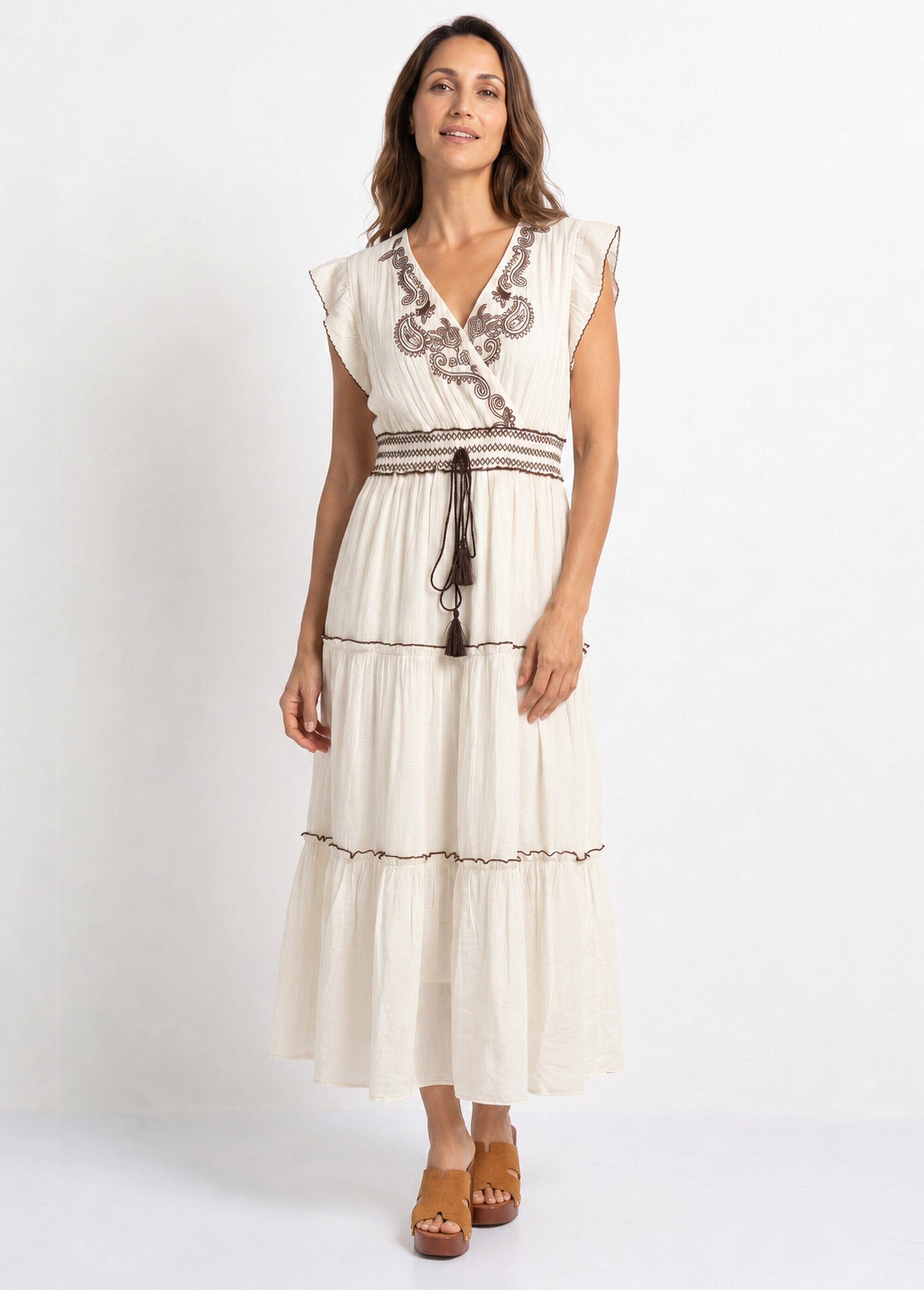 Robe à volants, sequins et pompons Femme Beige ATT-AT8717 MV1