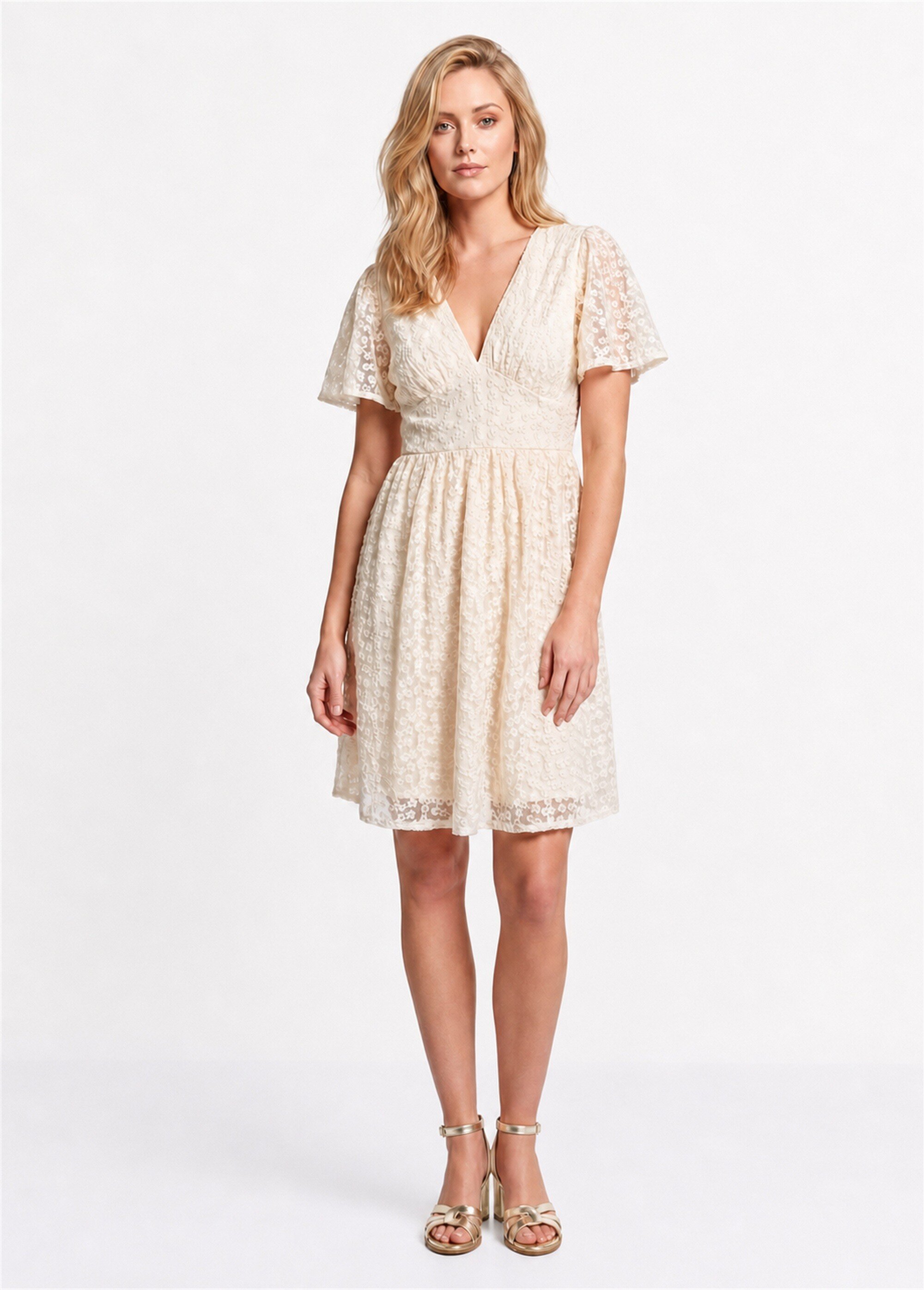 Robe broderie anglaise, taille haute Femme Beige IKB-81606 FA1
