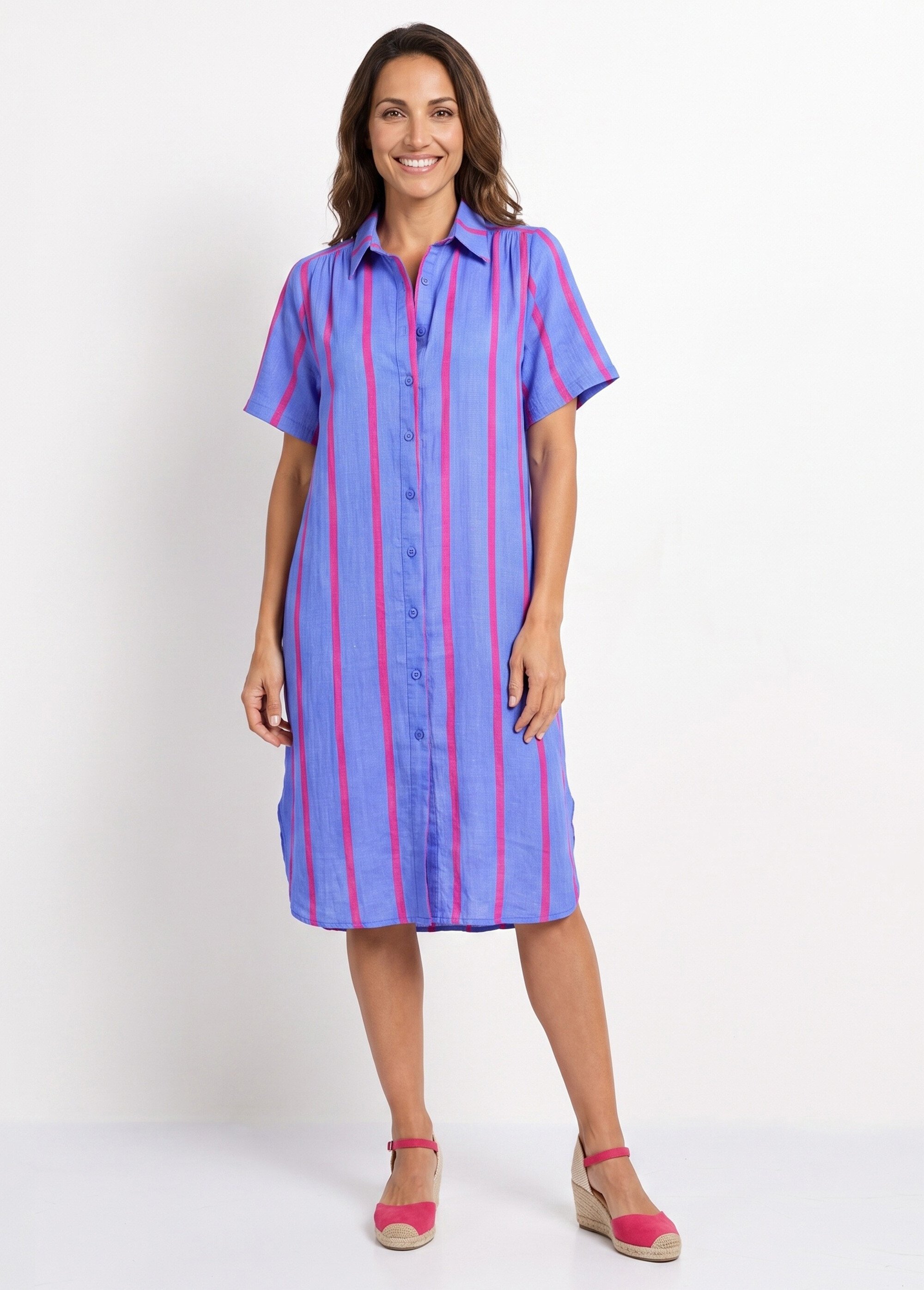 Robe chemise courte à rayures vives Femme Bleu IKB-50689 FA1