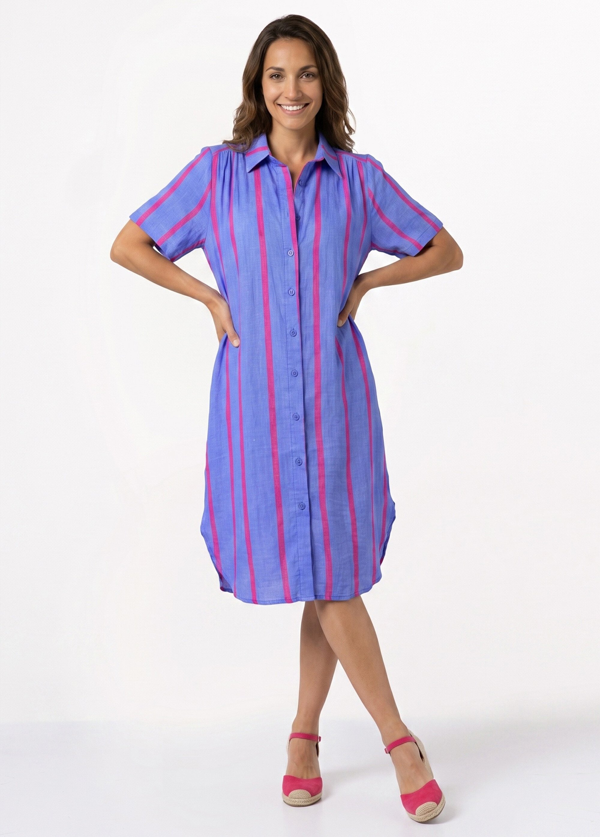 Robe chemise courte à rayures vives Femme Bleu IKB-50689 MV1