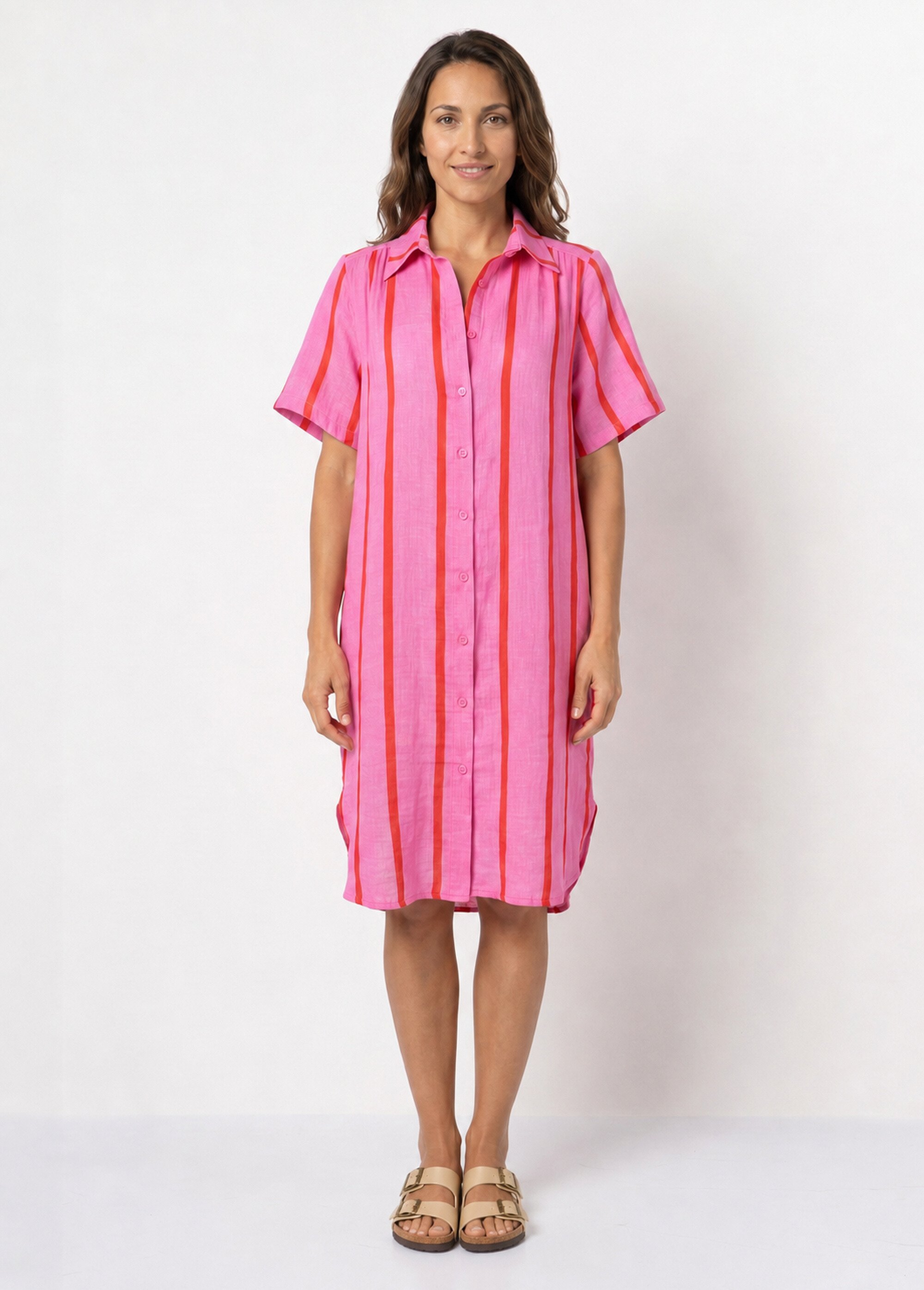Robe chemise courte à rayures vives Femme Rose IKB-50689 FA1