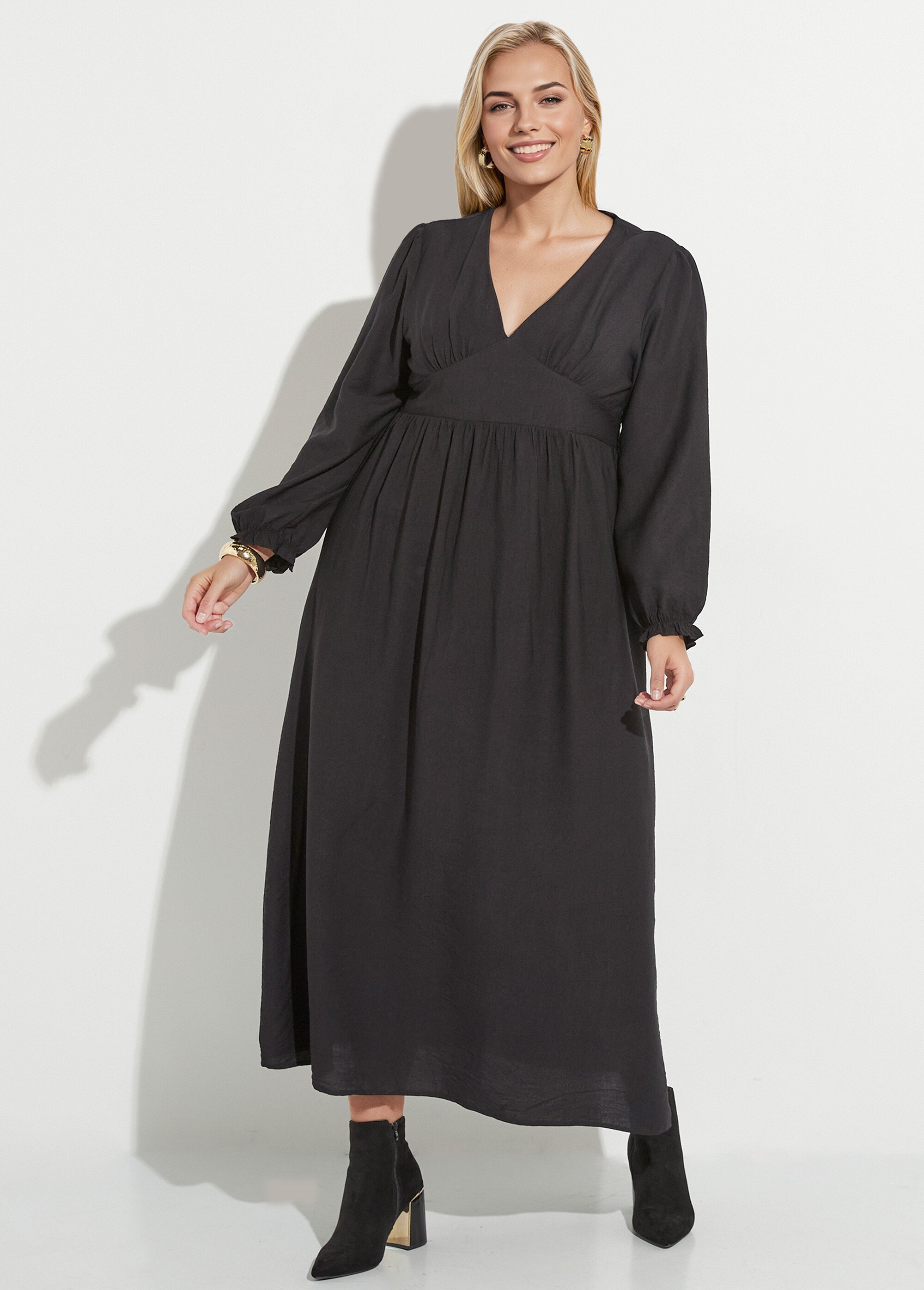 Robe longue taille haute poignets resserrés Femme Grande Taille Noir MAE-M918-5-2196 FA1