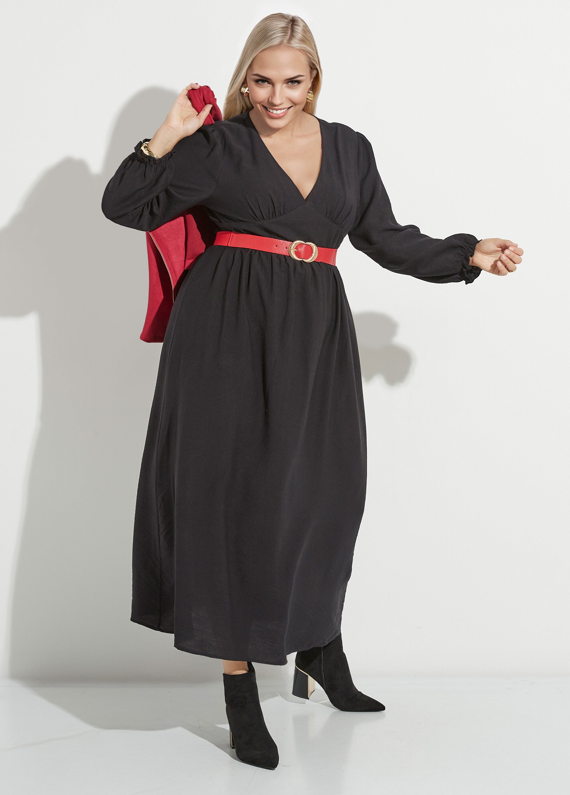 Robe longue taille haute poignets resserrés Femme Grande Taille Noir MAE-M918-5-2196 MV1