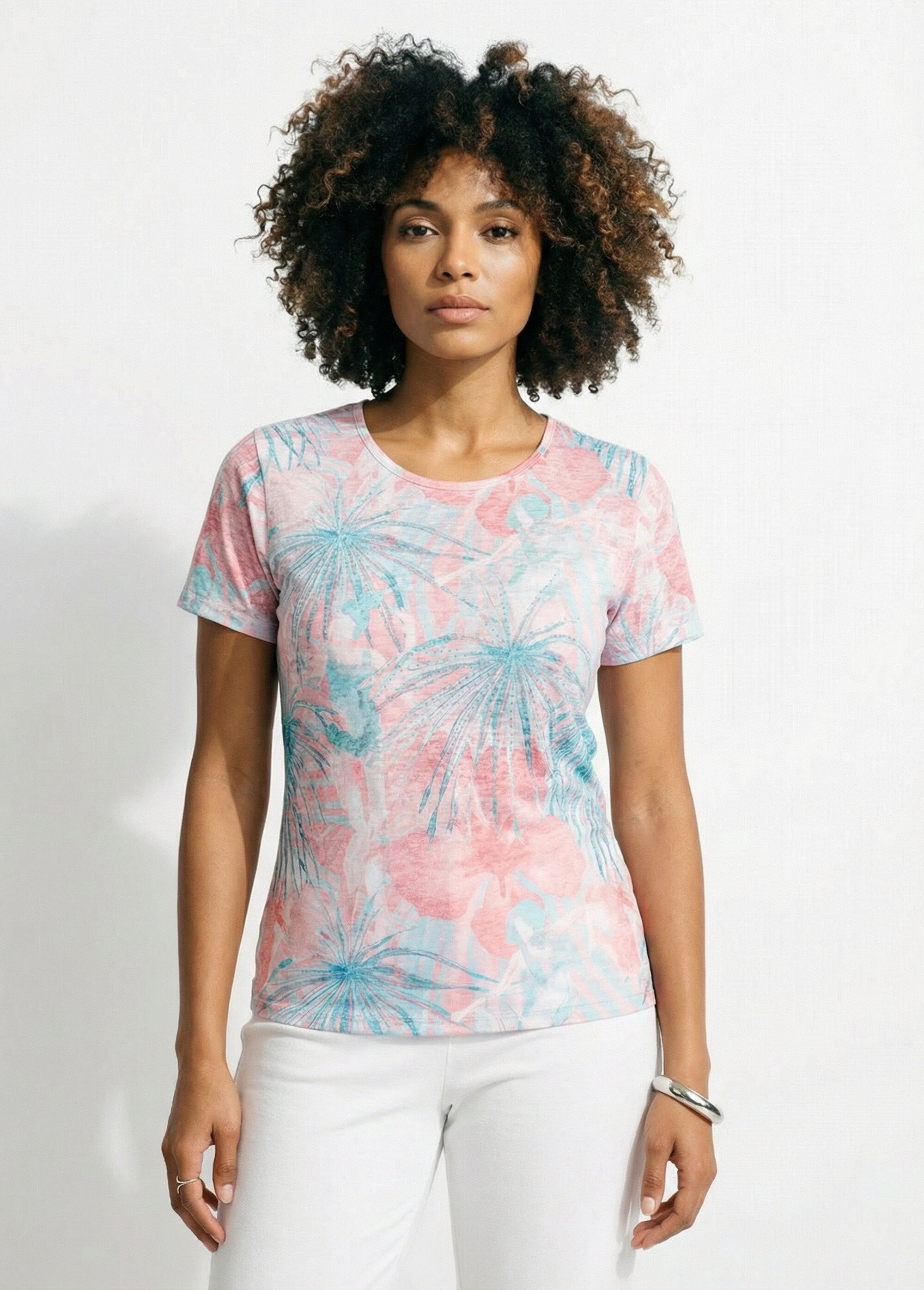 T-shirt court motif et strass col rond Femme Vert CELADON FA1