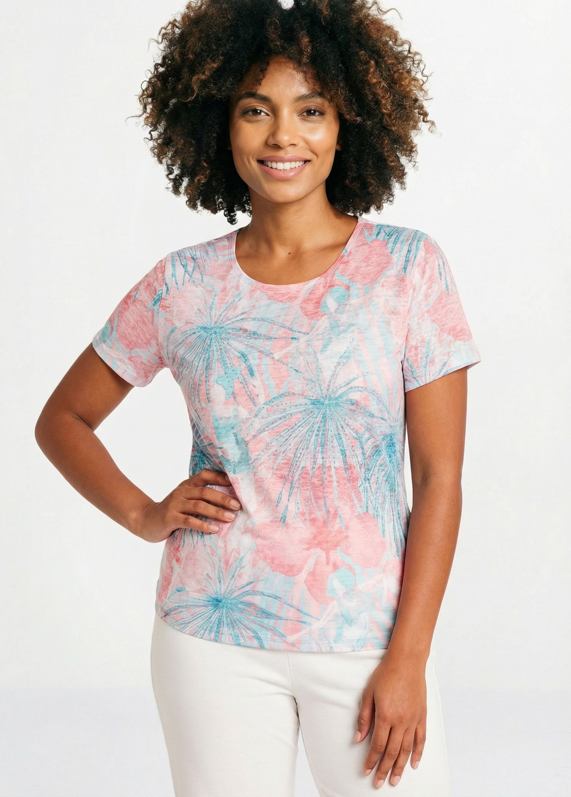 T-shirt court motif et strass col rond Femme Vert CELADON MV1