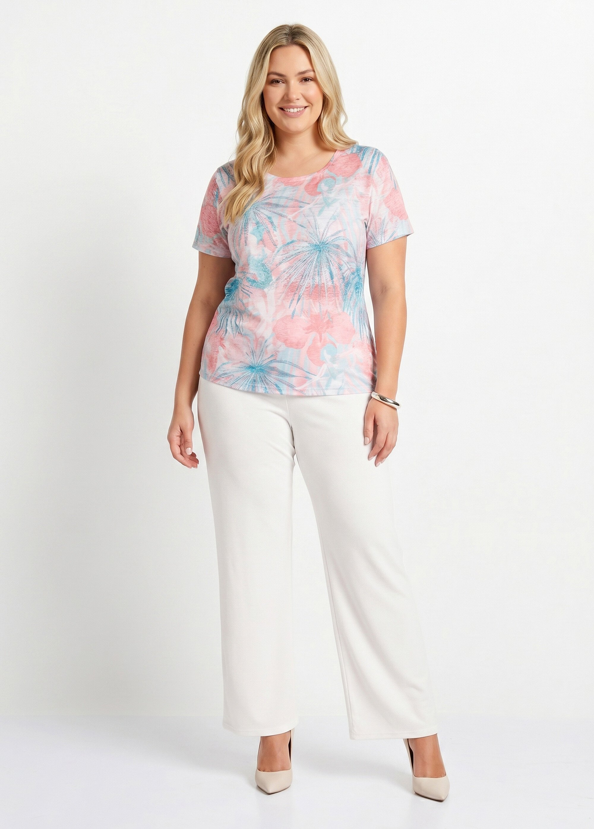 T-shirt court motif et strass col rond Femme Grande Taille Vert CELADON SI1