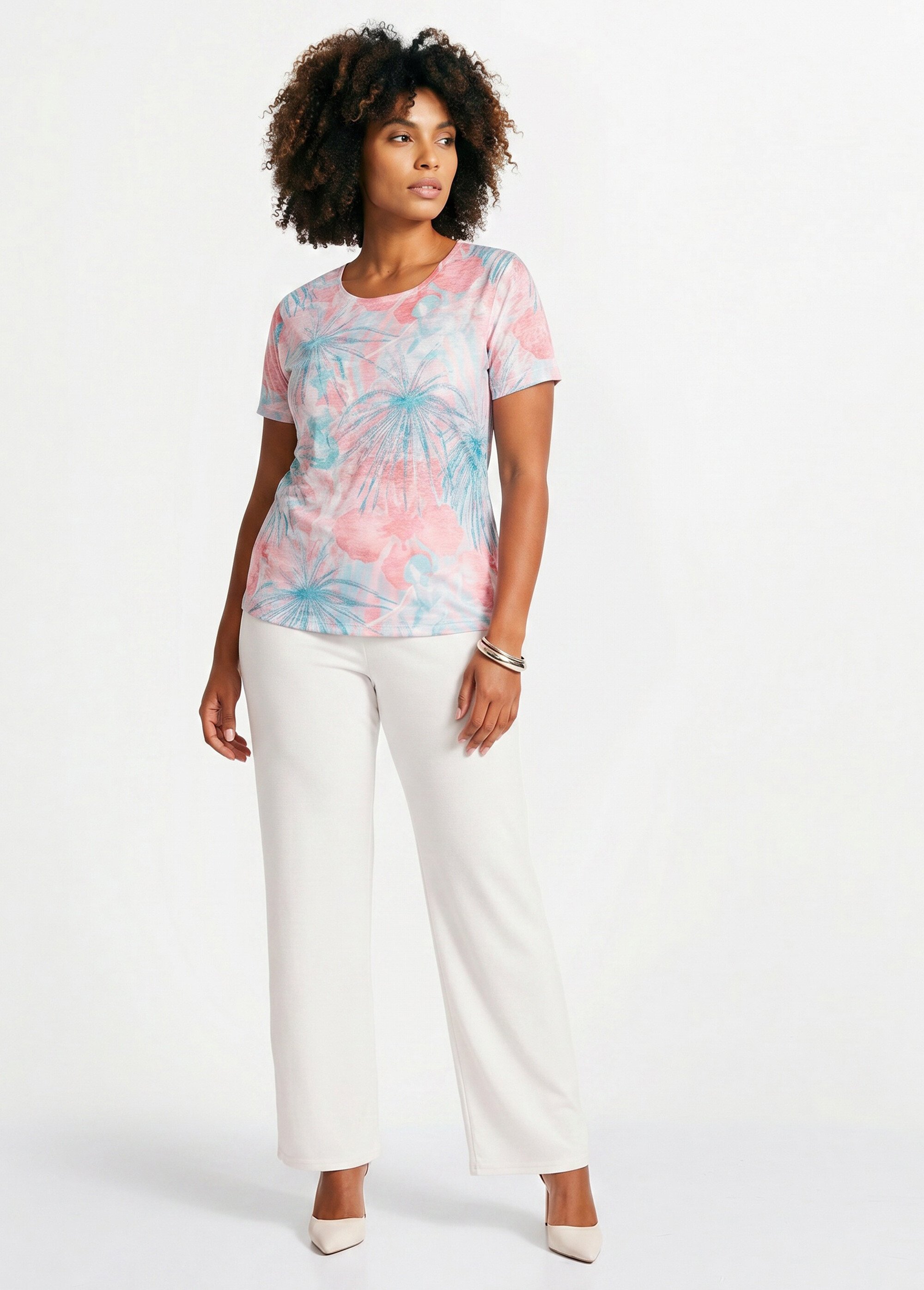 T-shirt court motif et strass col rond Femme Vert CELADON SI1