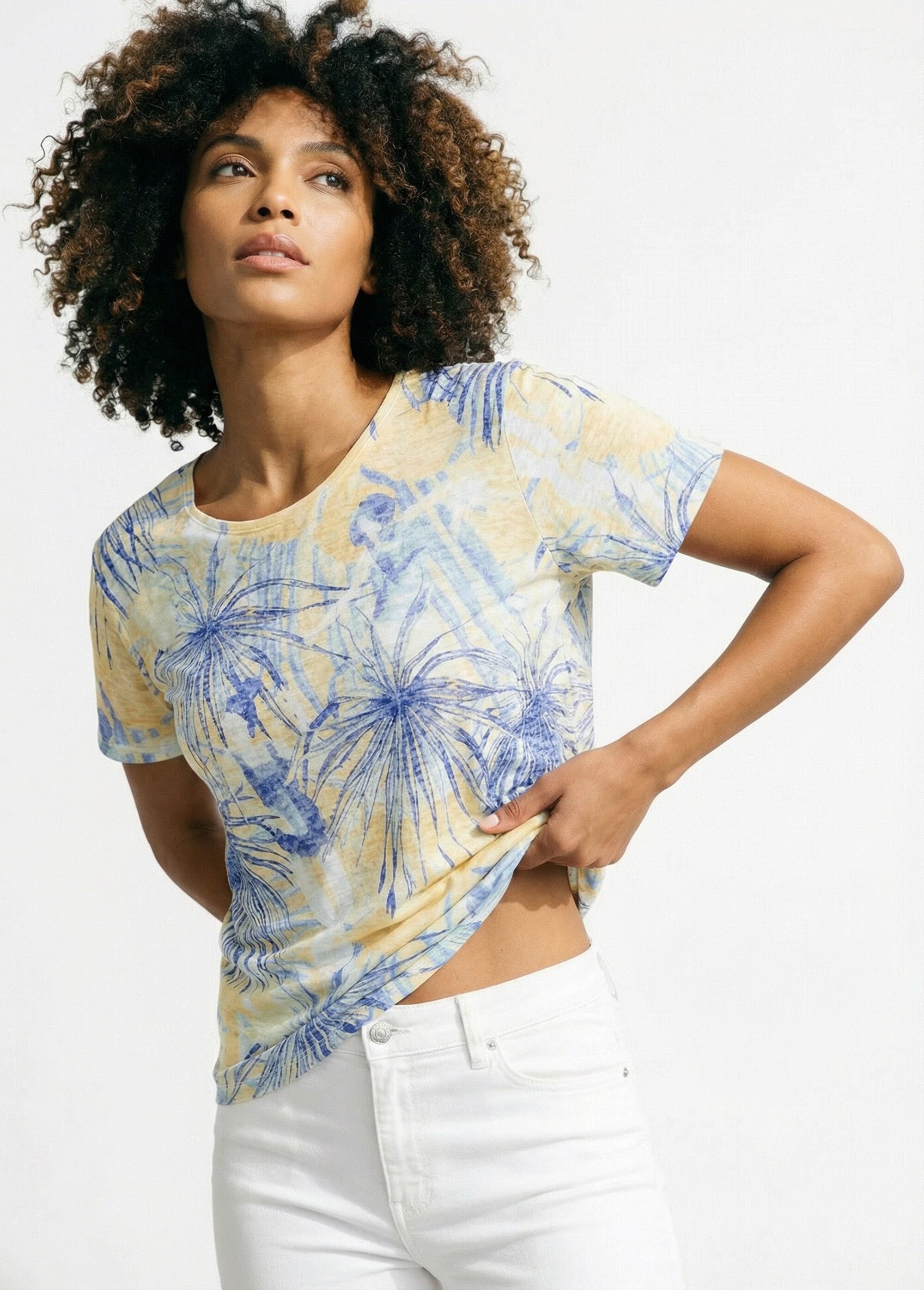 T-shirt court motif et strass col rond