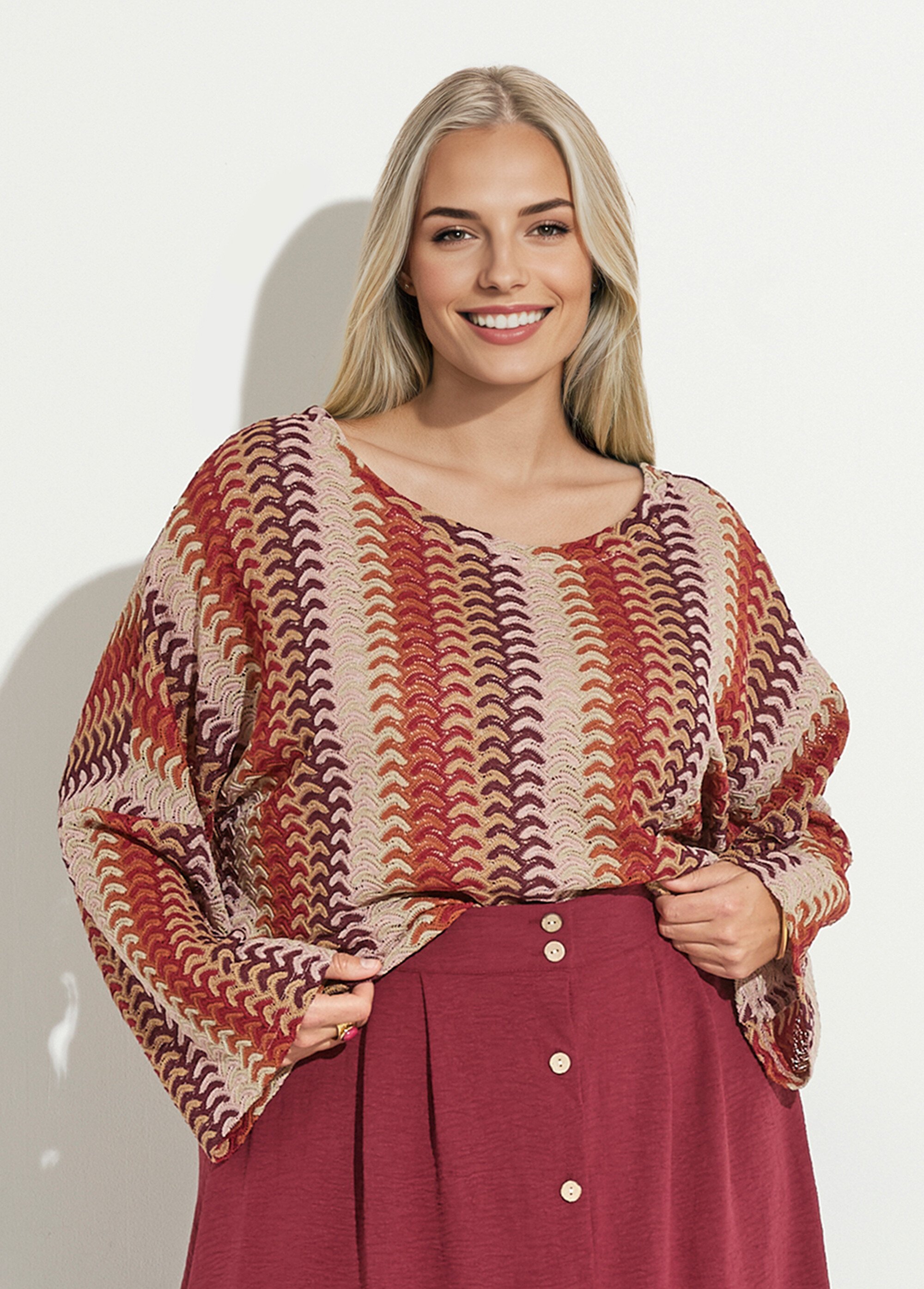 Tunique col bateau, façon macramé Femme Grande Taille BRIQUE ET BEIGE MAE-M928-5-2189 FA1