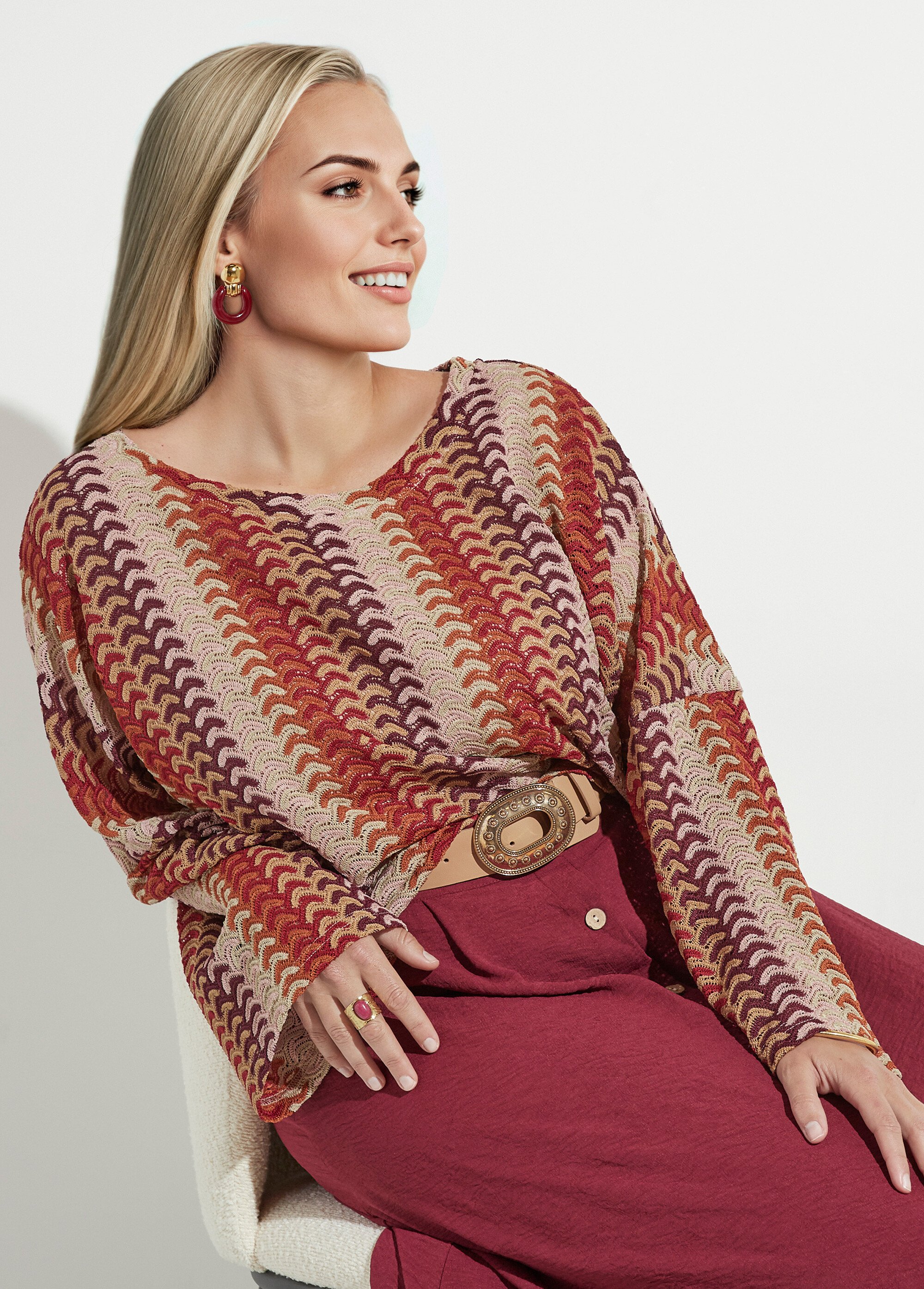 Tunique col bateau, façon macramé Femme Grande Taille BRIQUE ET BEIGE MAE-M928-5-2189 MV1