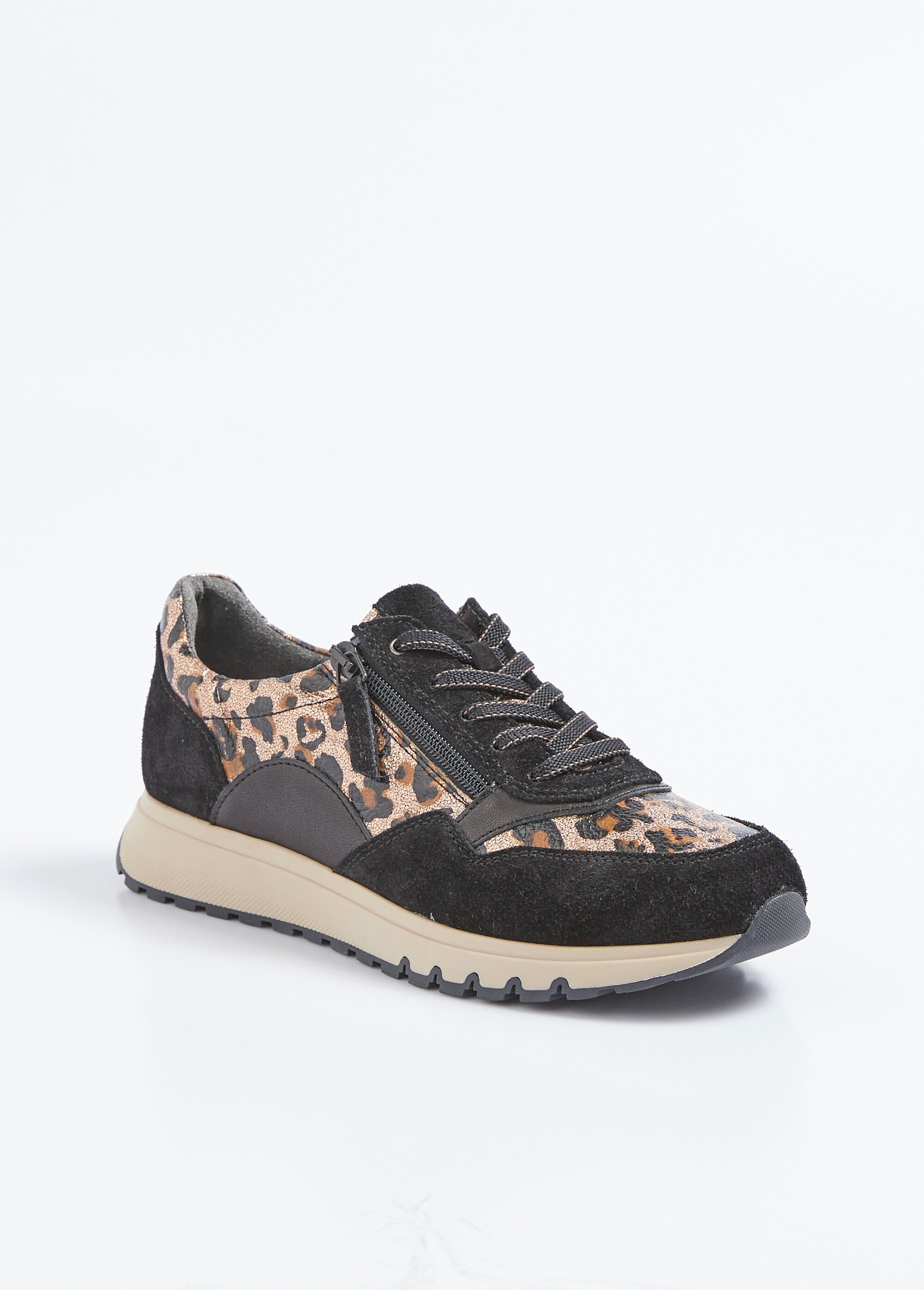 Baskets zippées largeur confort cuir et imprimé peau de bête Femme Beige ORIEL FA1