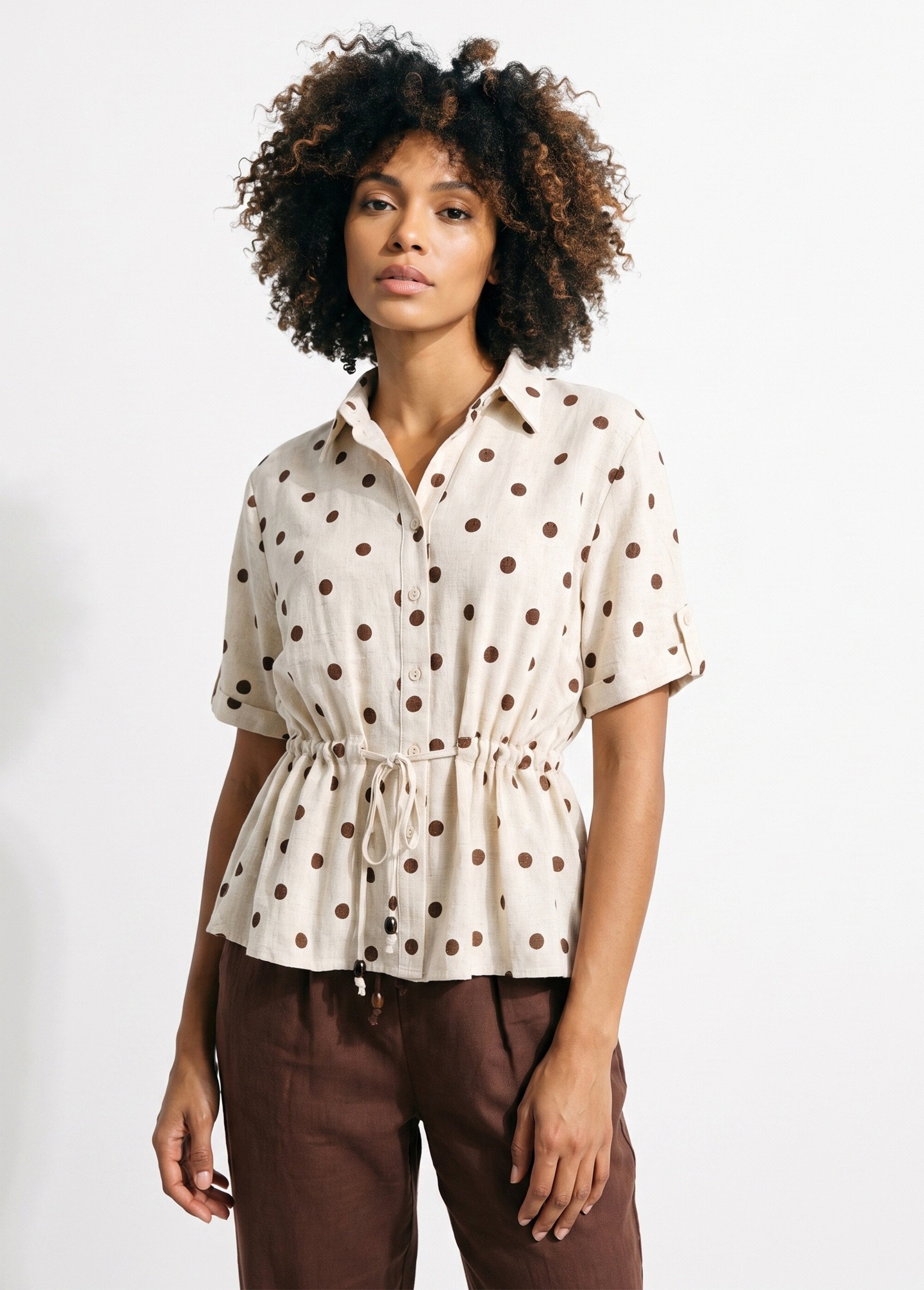 Blouse à pois ceinturée, avec lin Femme Beige ATT-8709 FA1