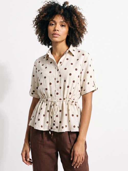 Blouse à pois ceinturée, avec lin Femme Beige ATT-8709 FA1