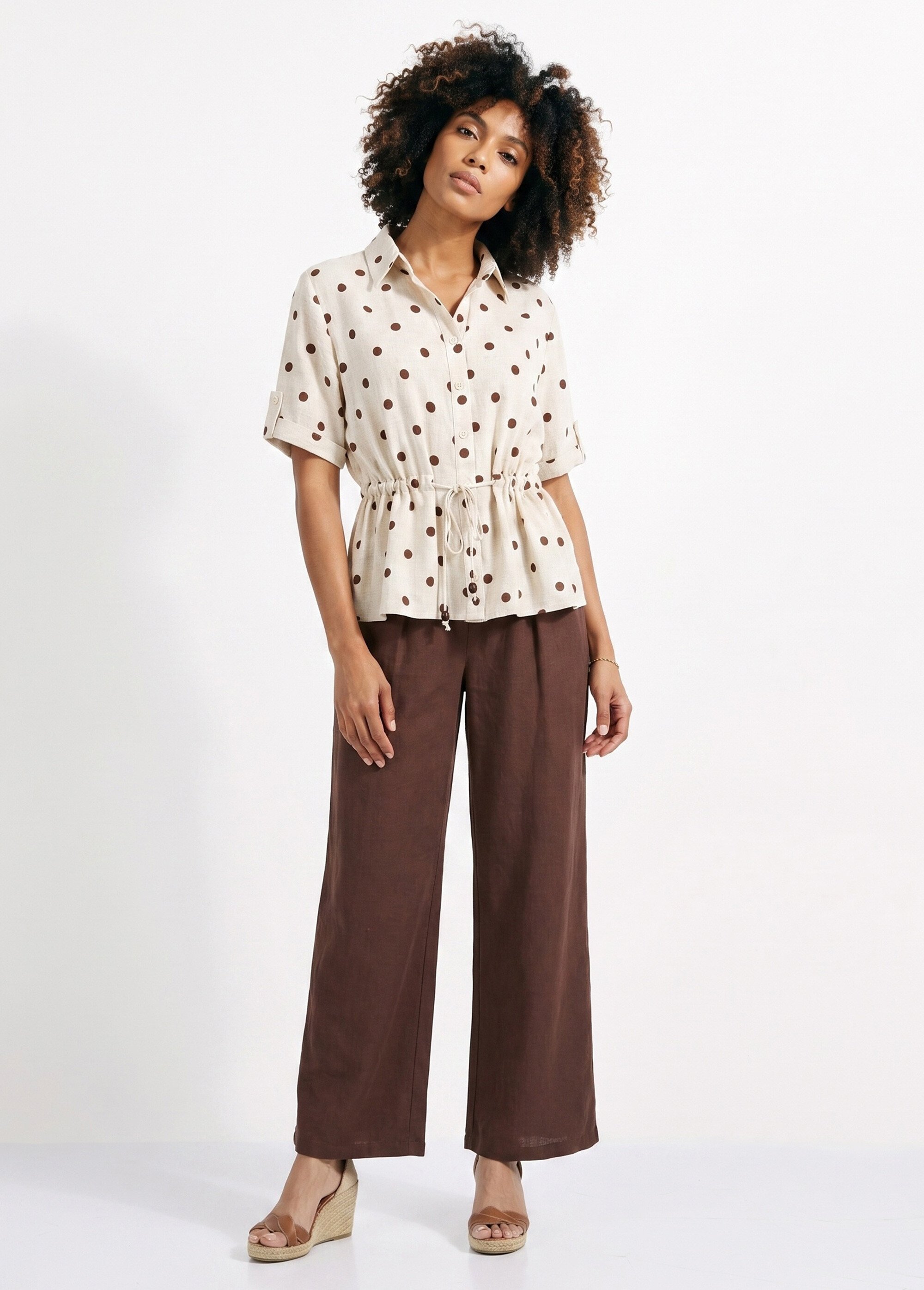 Blouse à pois ceinturée, avec lin Femme Beige ATT-8709 SI1
